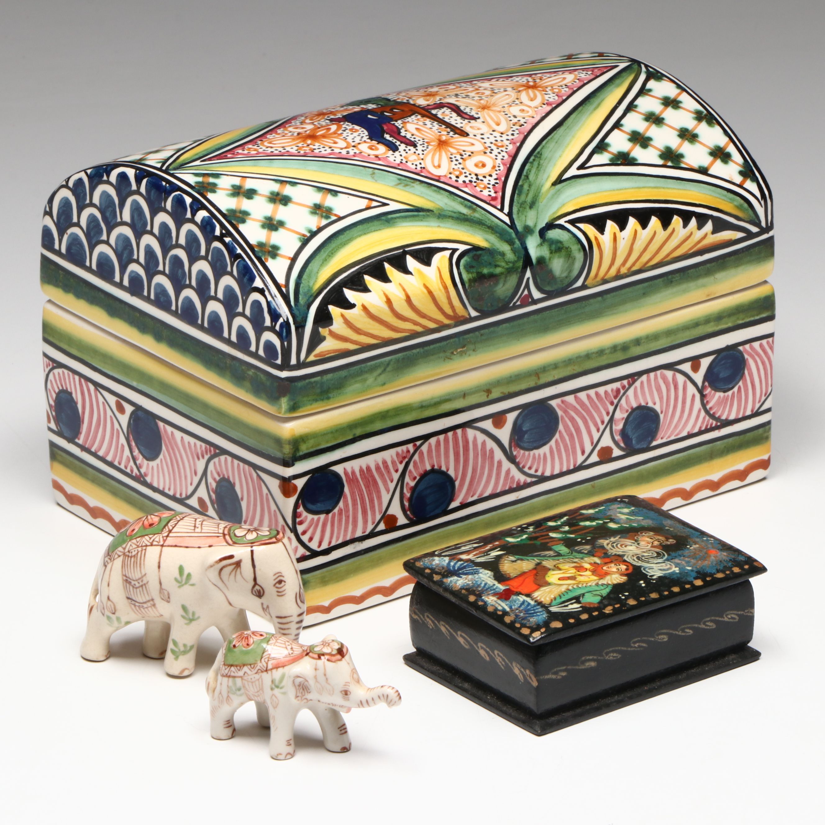 Hand-Painted Portuguese Dome Top Box, Russian Folklore Lacquered Box, and More