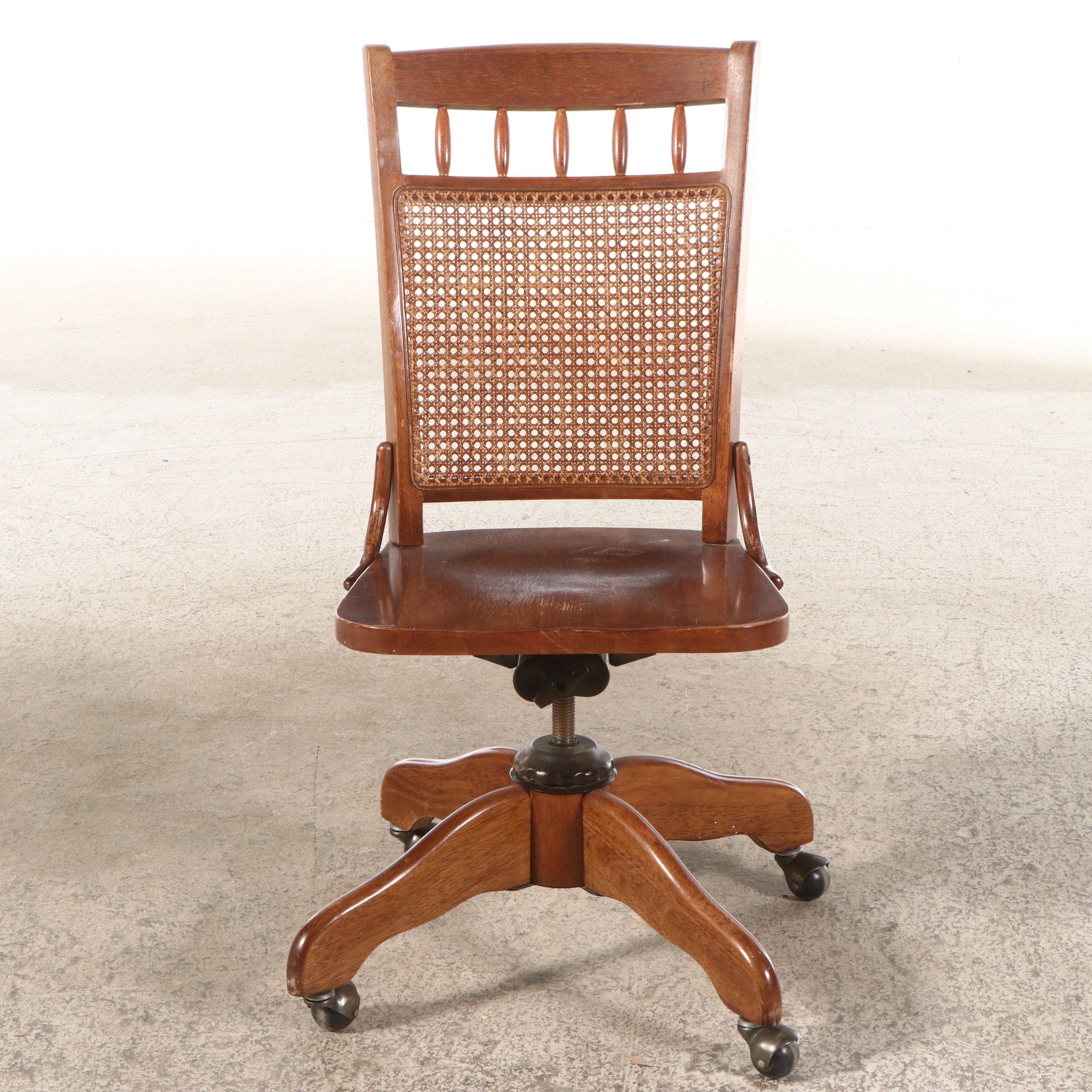 Edwardian Style Cane Back Rolling and Swivel Desk Chair