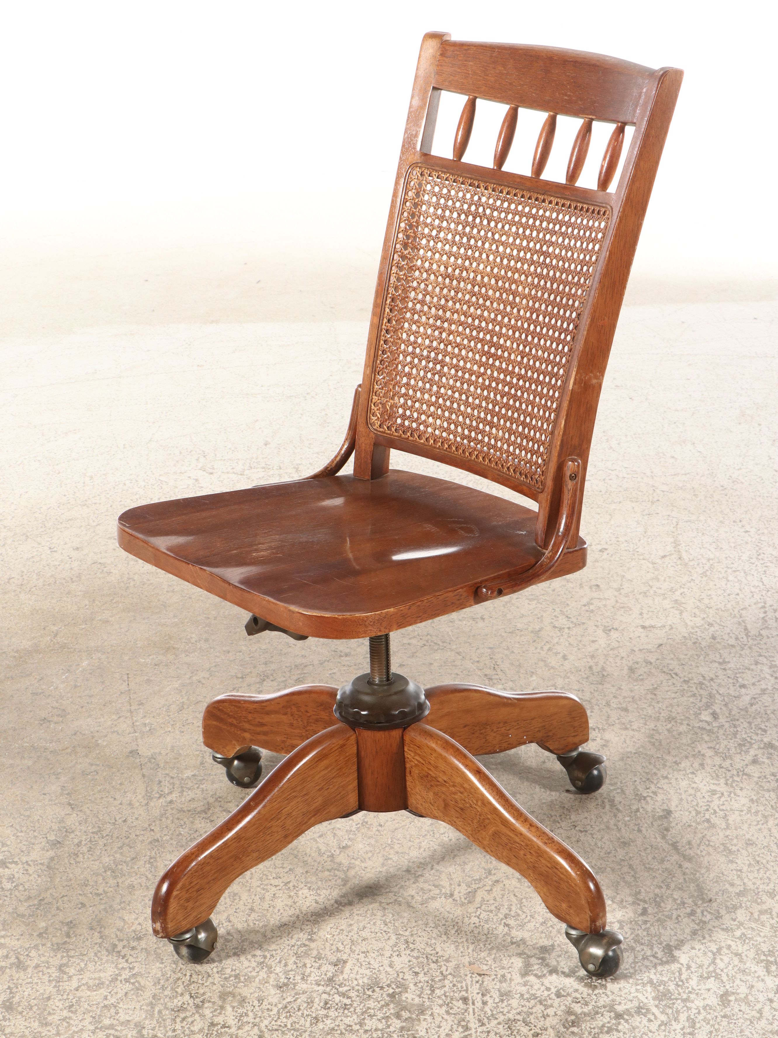 Edwardian Style Cane Back Rolling and Swivel Desk Chair