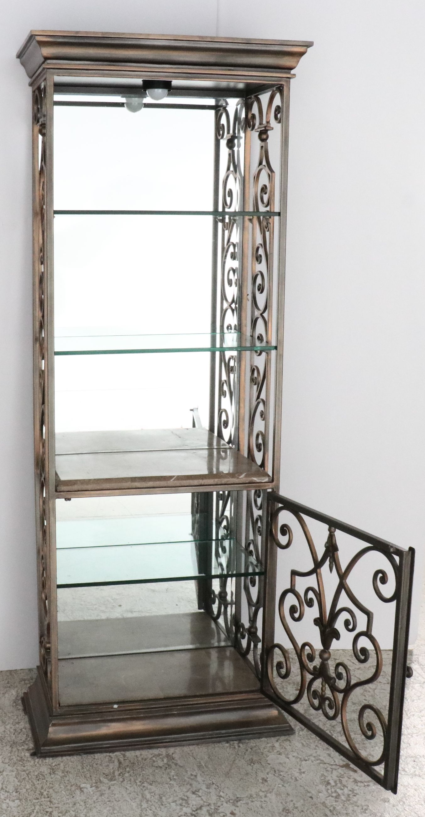 Artistica Patinated Wrought Metal and Glass Illuminated Étagère