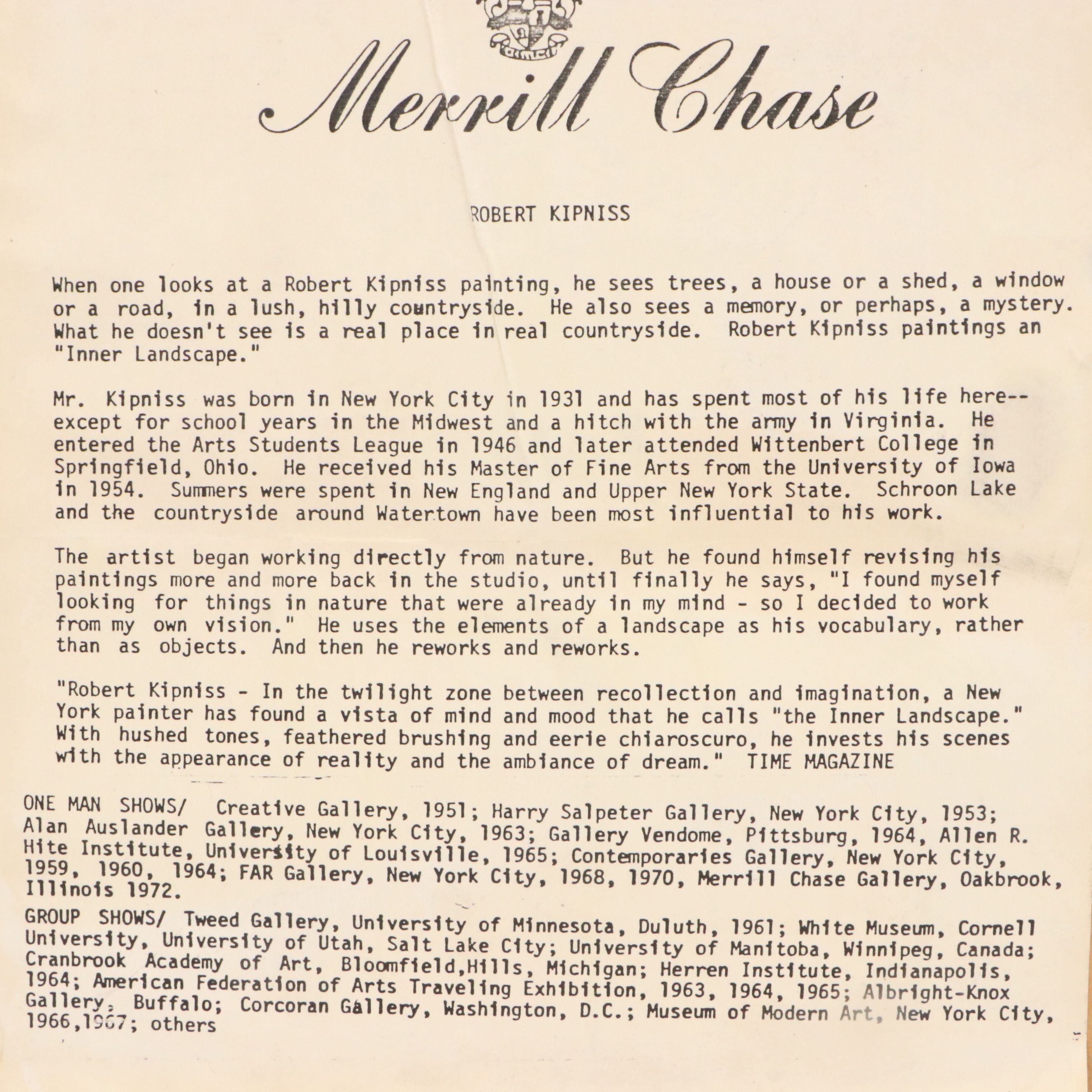 Robert Kipniss Lithograph "Late Summer," 1977