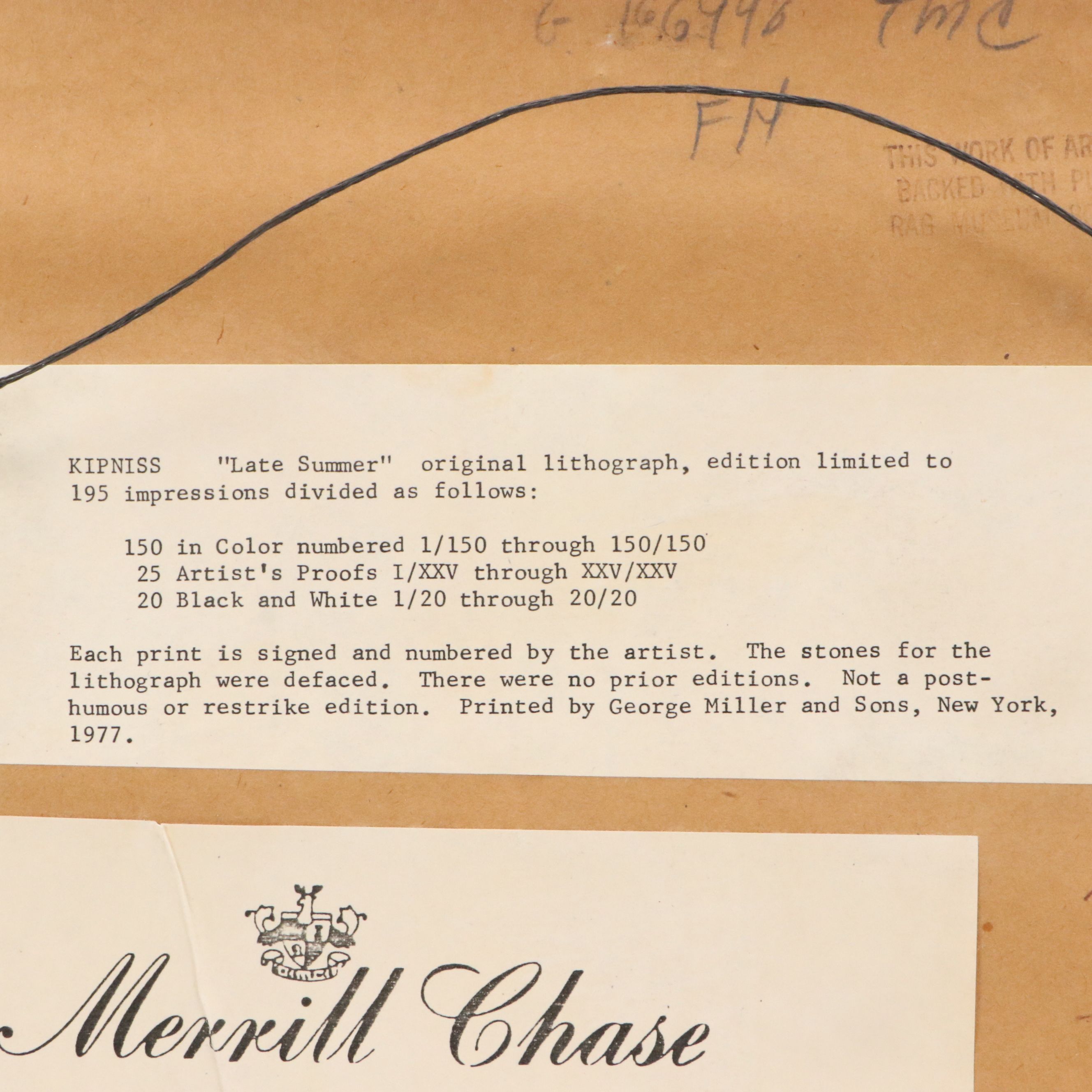 Robert Kipniss Lithograph "Late Summer," 1977