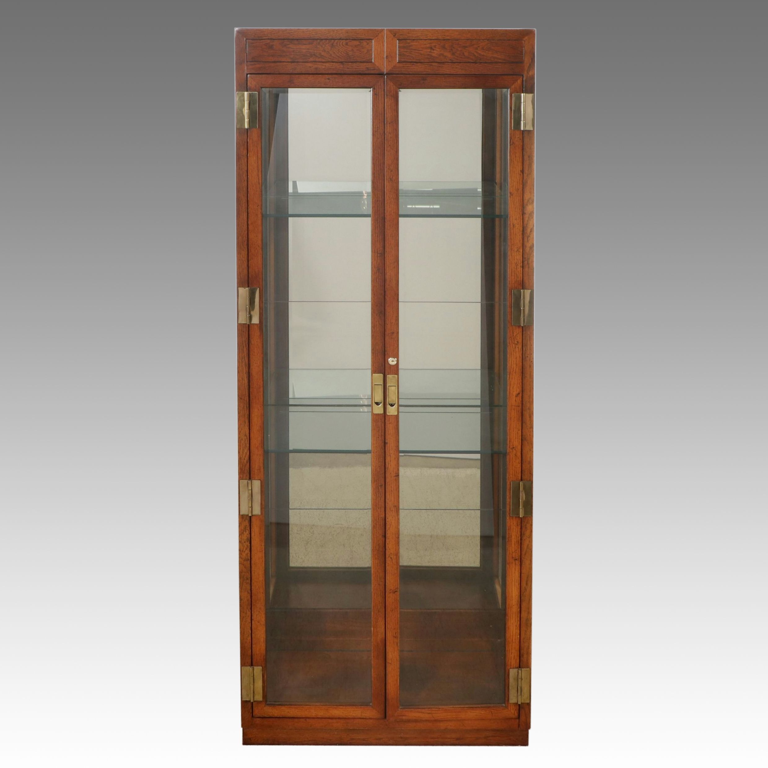 Henredon Oak Glass Front Campaign Style Display Cabinet
