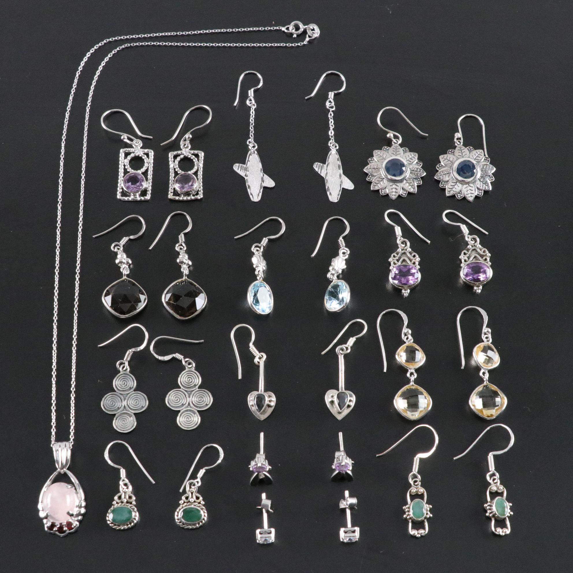 14 Assorted Sterling Silver Earrings and Pendant Necklace