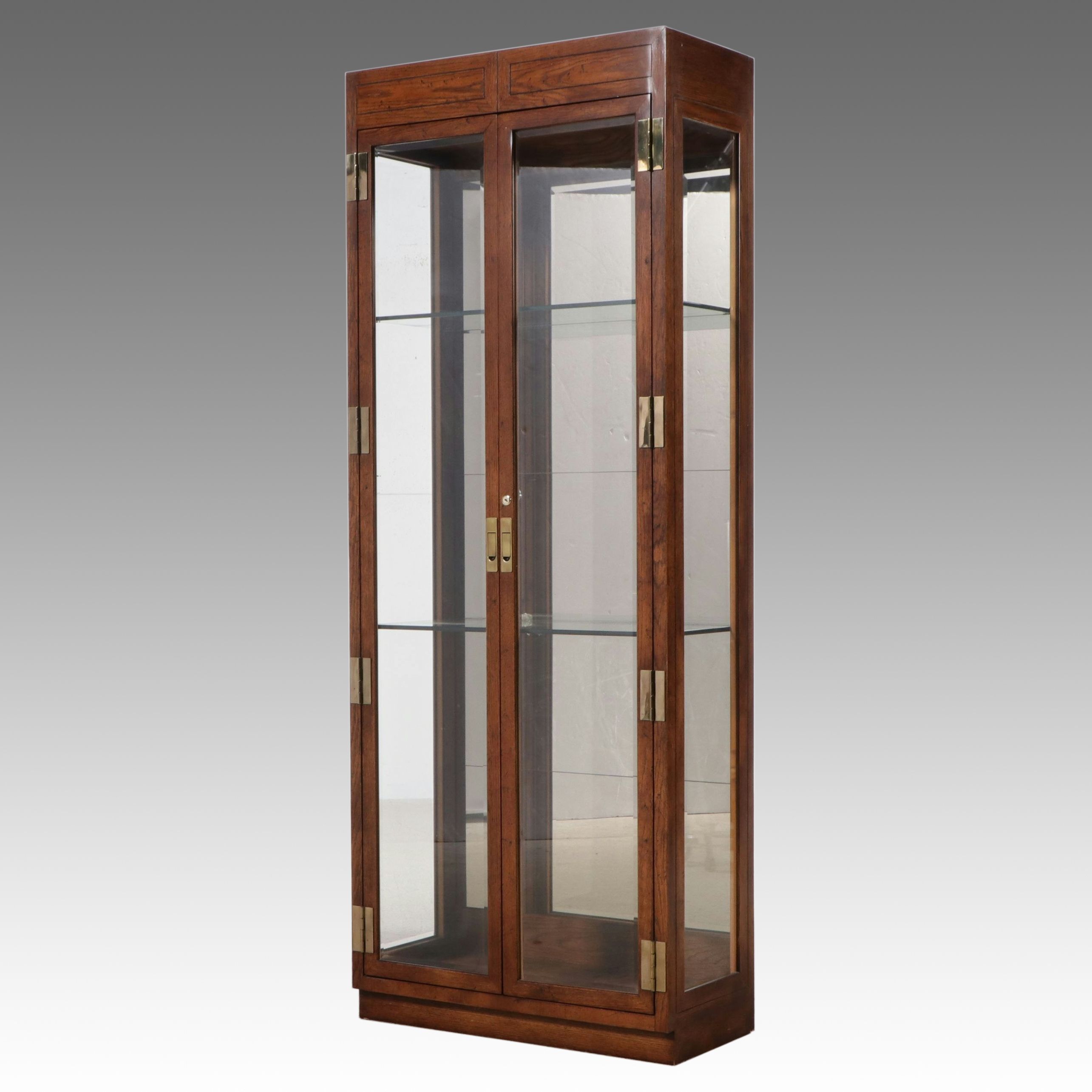 Henredon Oak Finish Mirrored Back Campaign Style Display Cabinets
