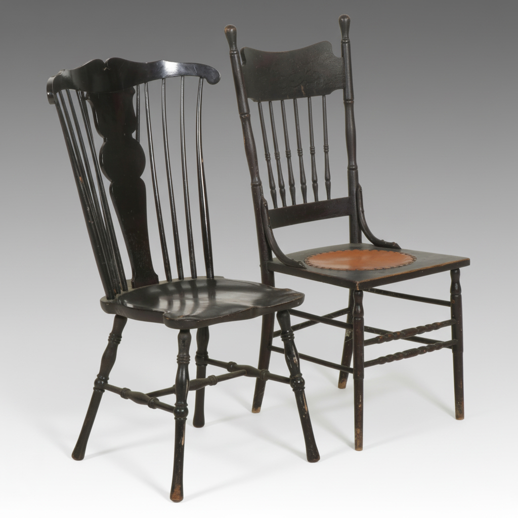 Black Finished Wing-Back Windsor Side Chair and Another Chair