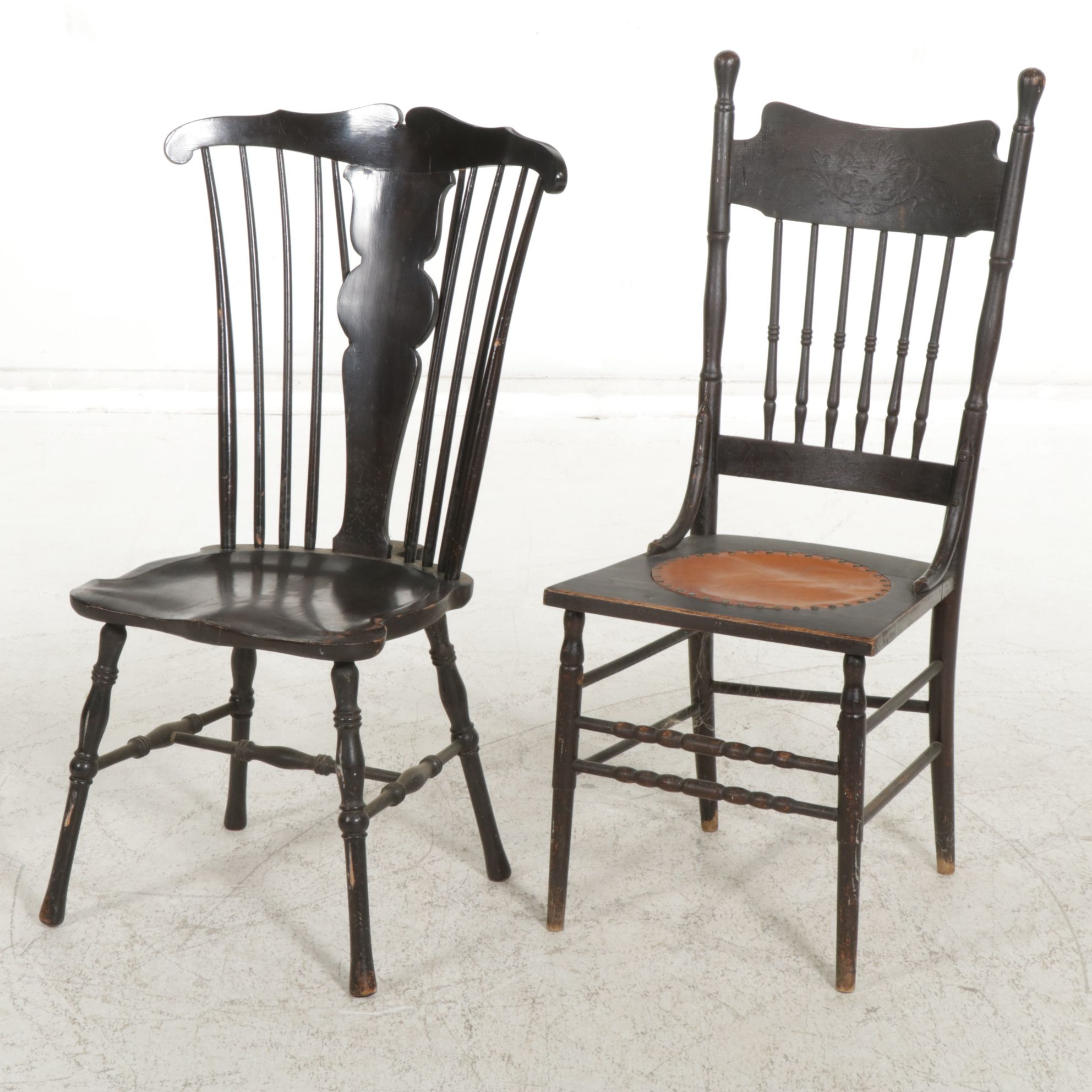 Black Finished Wing-Back Windsor Side Chair and Another Chair