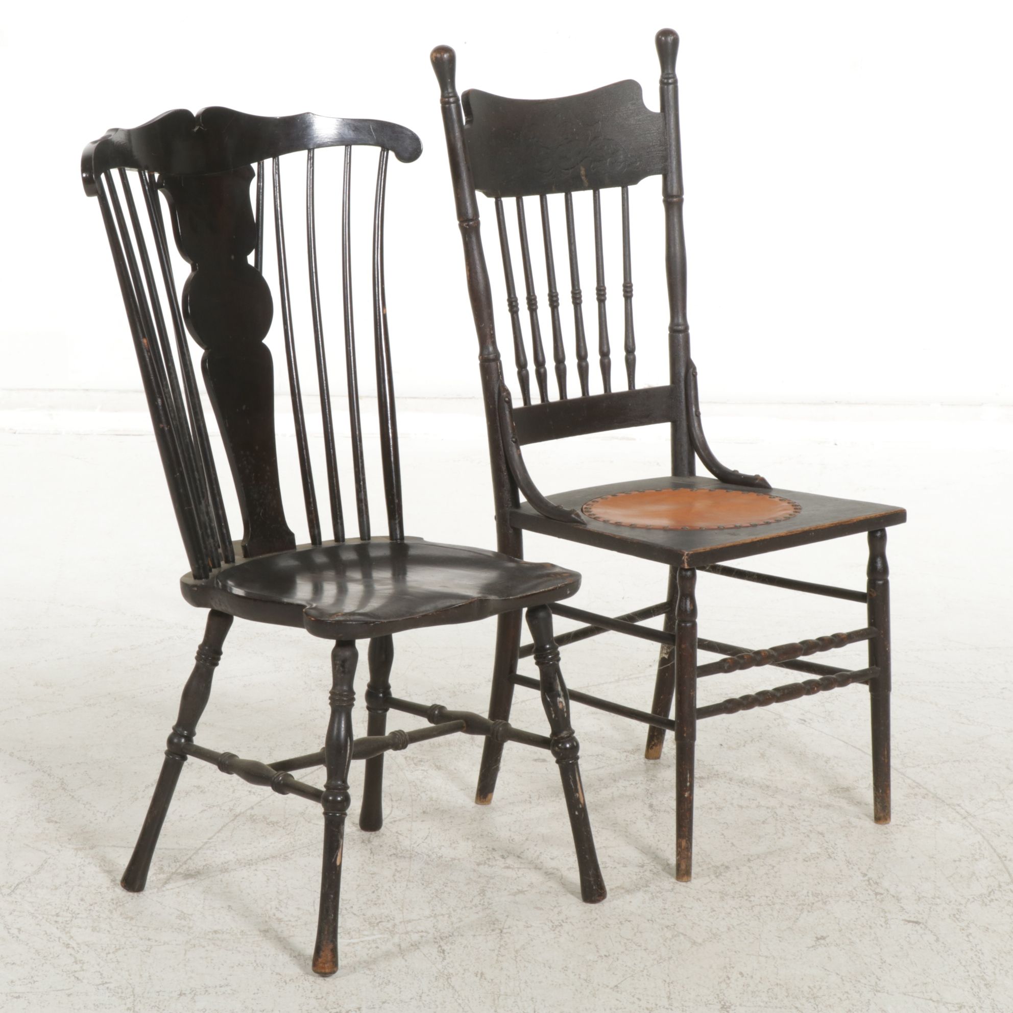 Black Finished Wing-Back Windsor Side Chair and Another Chair
