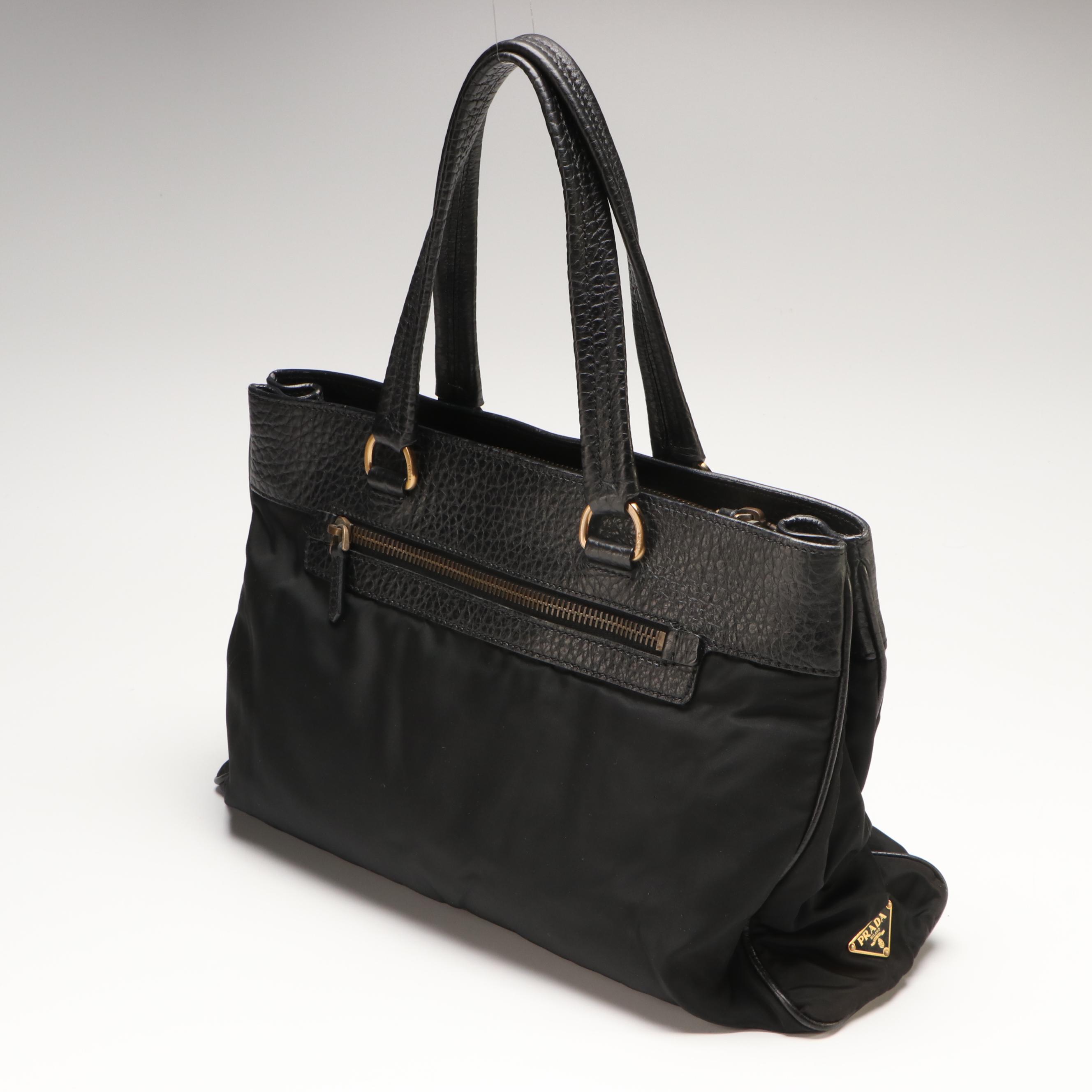 Prada Tessuto Black Leather and Nylon Tote Bag