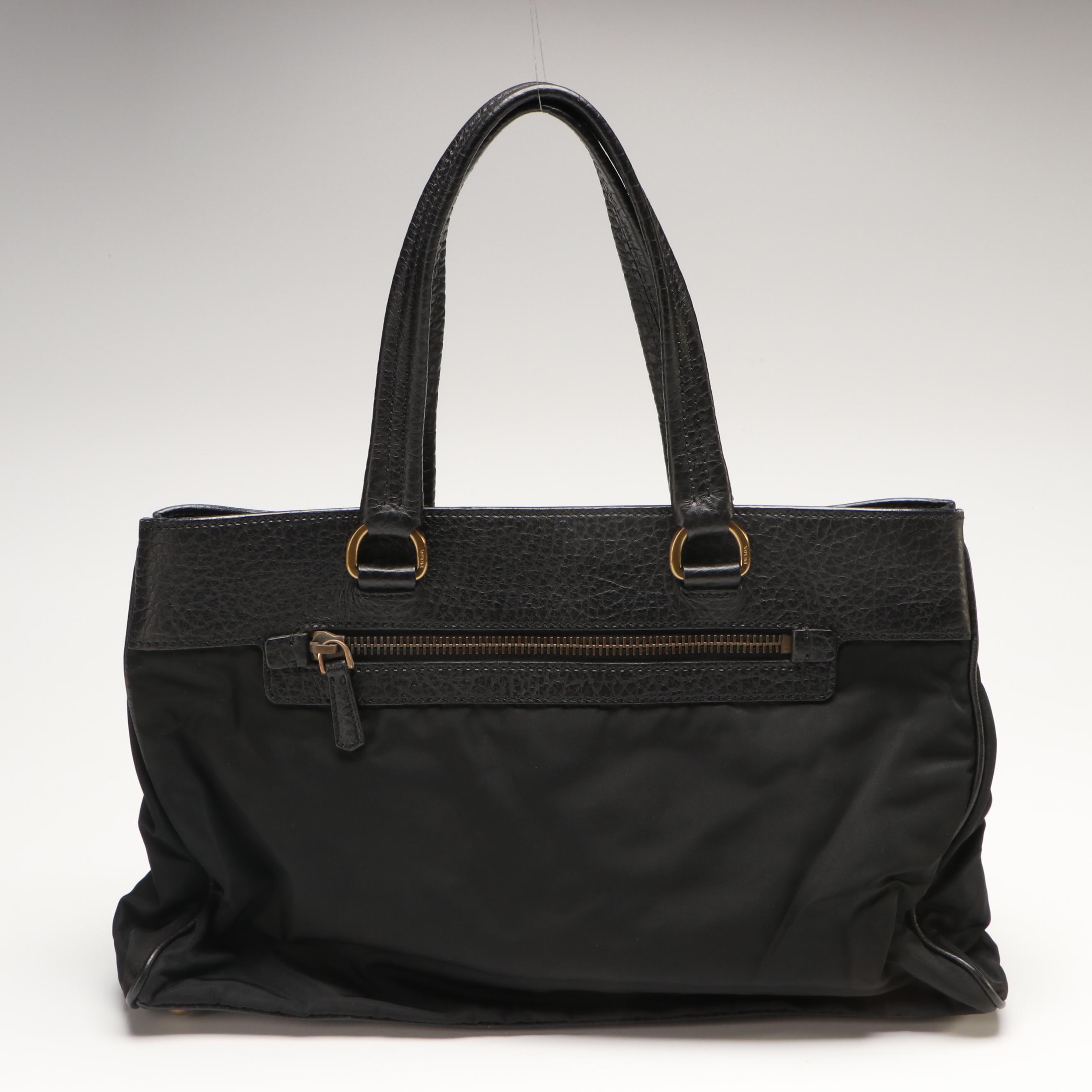 Prada Tessuto Black Leather and Nylon Tote Bag