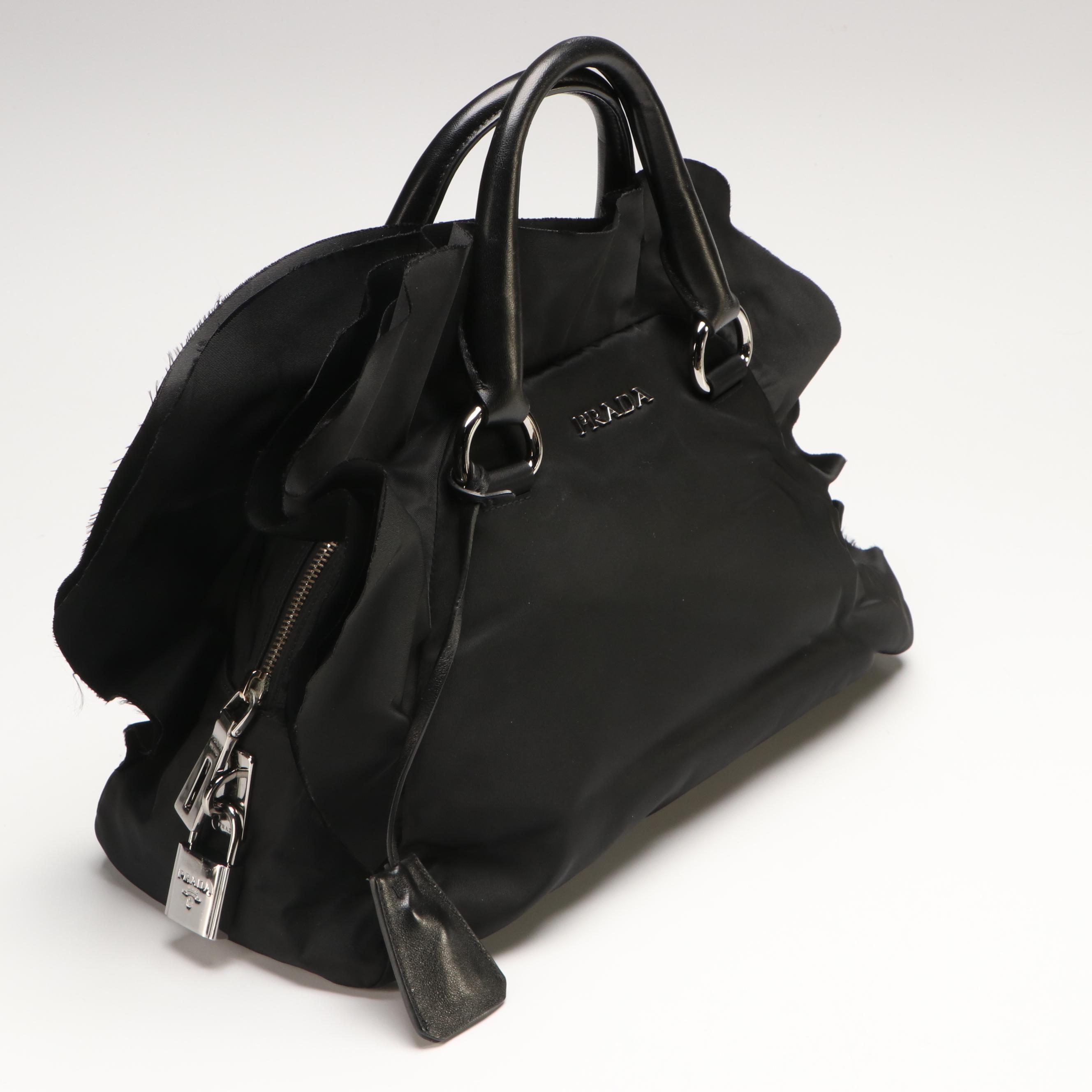 Prada Rovere Mordore Tessuto Bauletto Black Nylon Ruffle Handbag