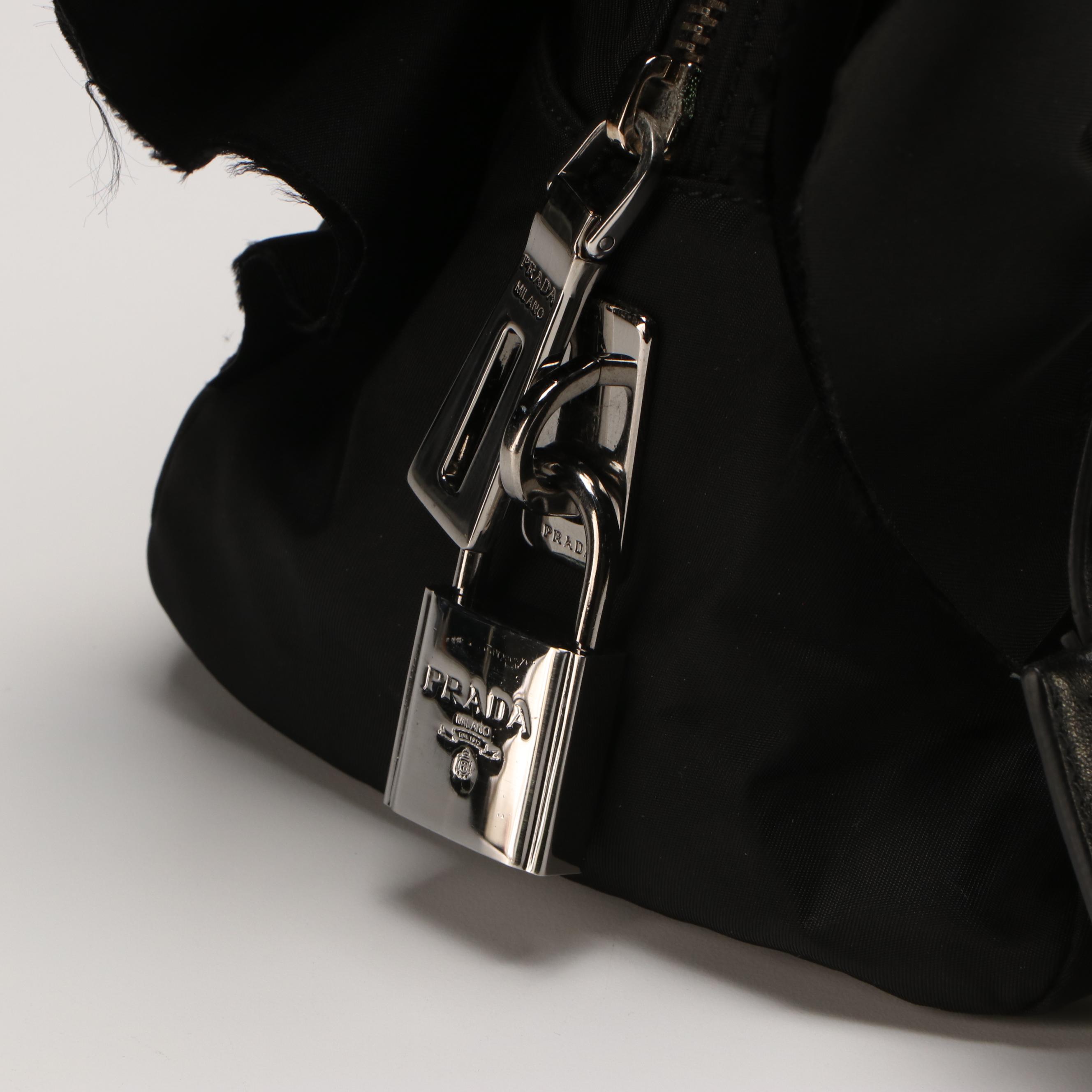 Prada Rovere Mordore Tessuto Bauletto Black Nylon Ruffle Handbag