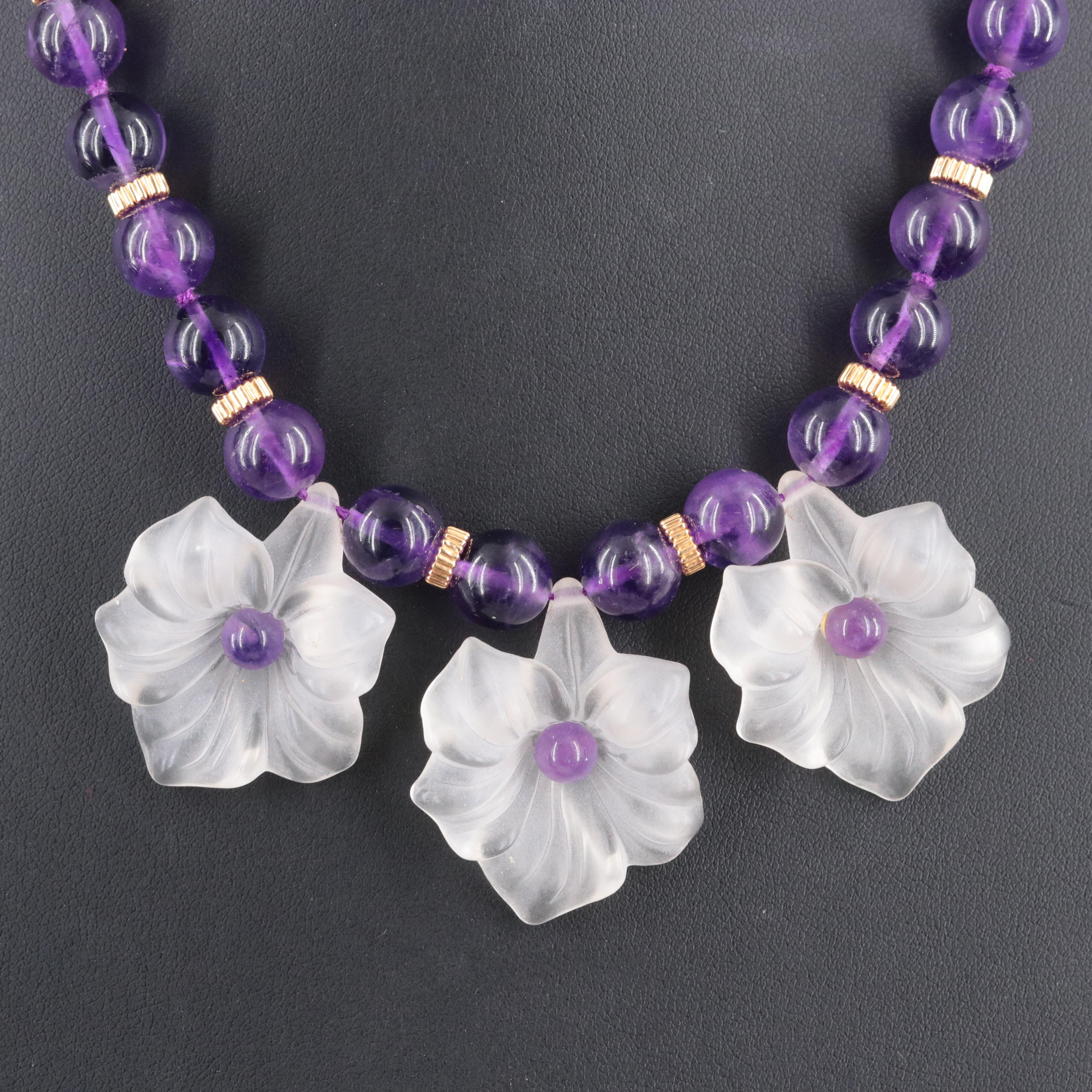 Amethyst and Glass Flower Bib Necklace with 14K Clasp