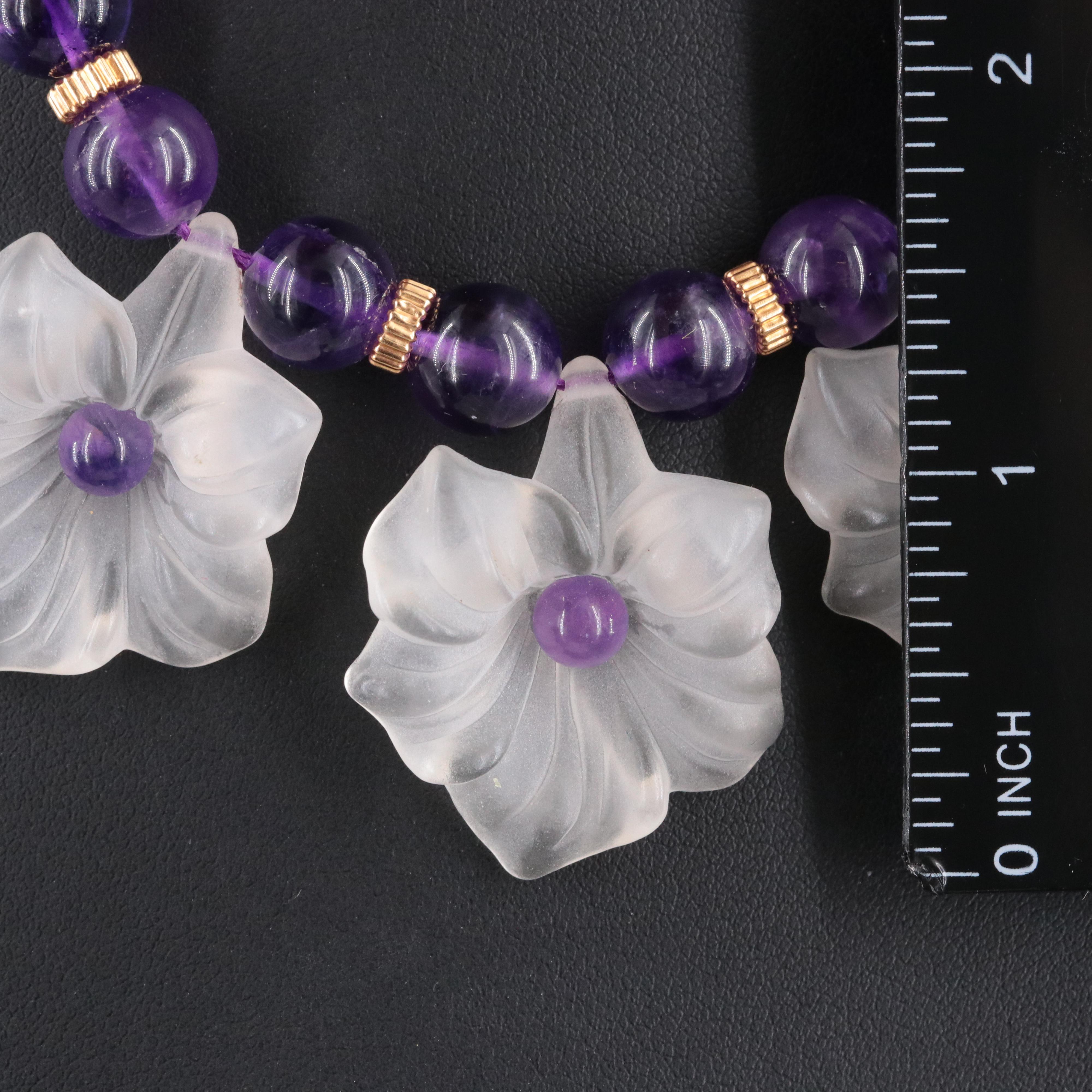 Amethyst and Glass Flower Bib Necklace with 14K Clasp