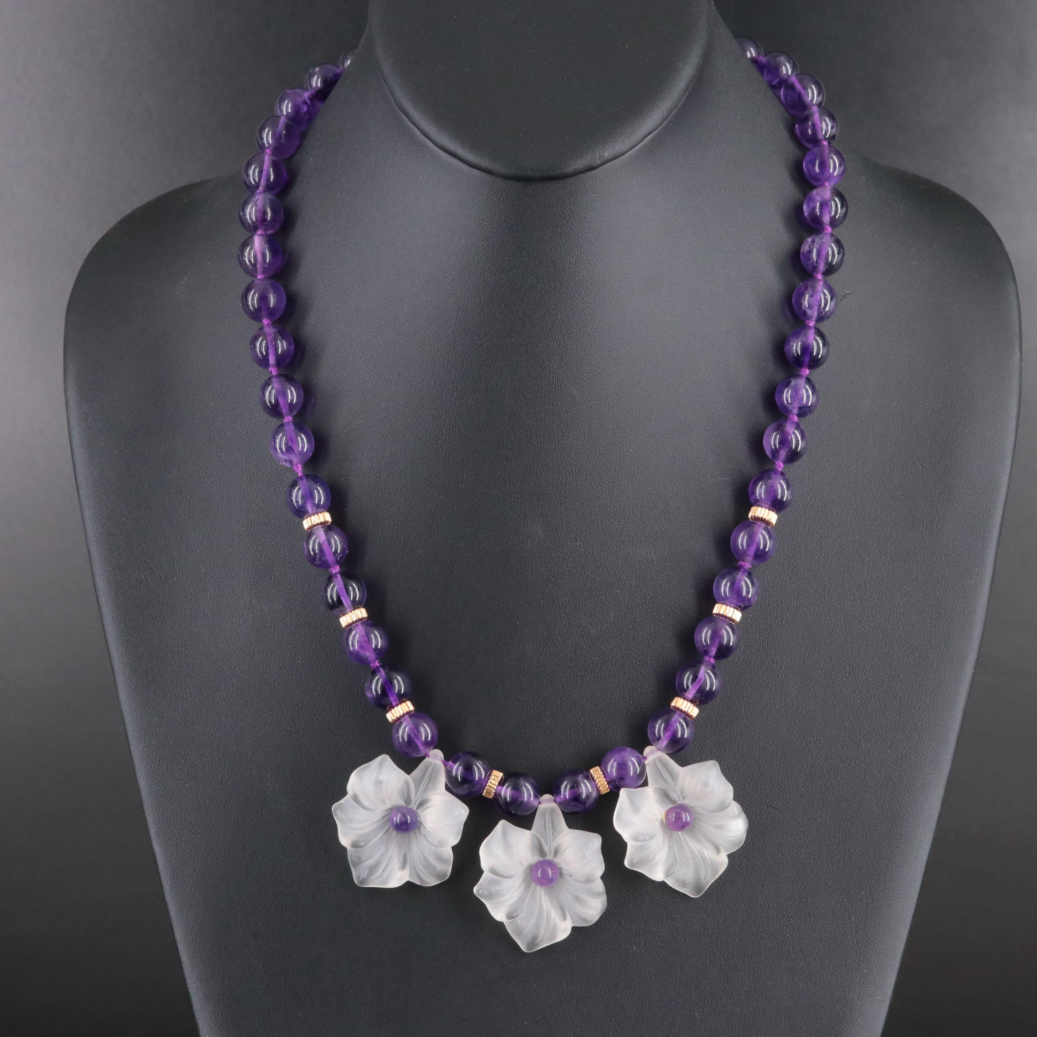 Amethyst and Glass Flower Bib Necklace with 14K Clasp