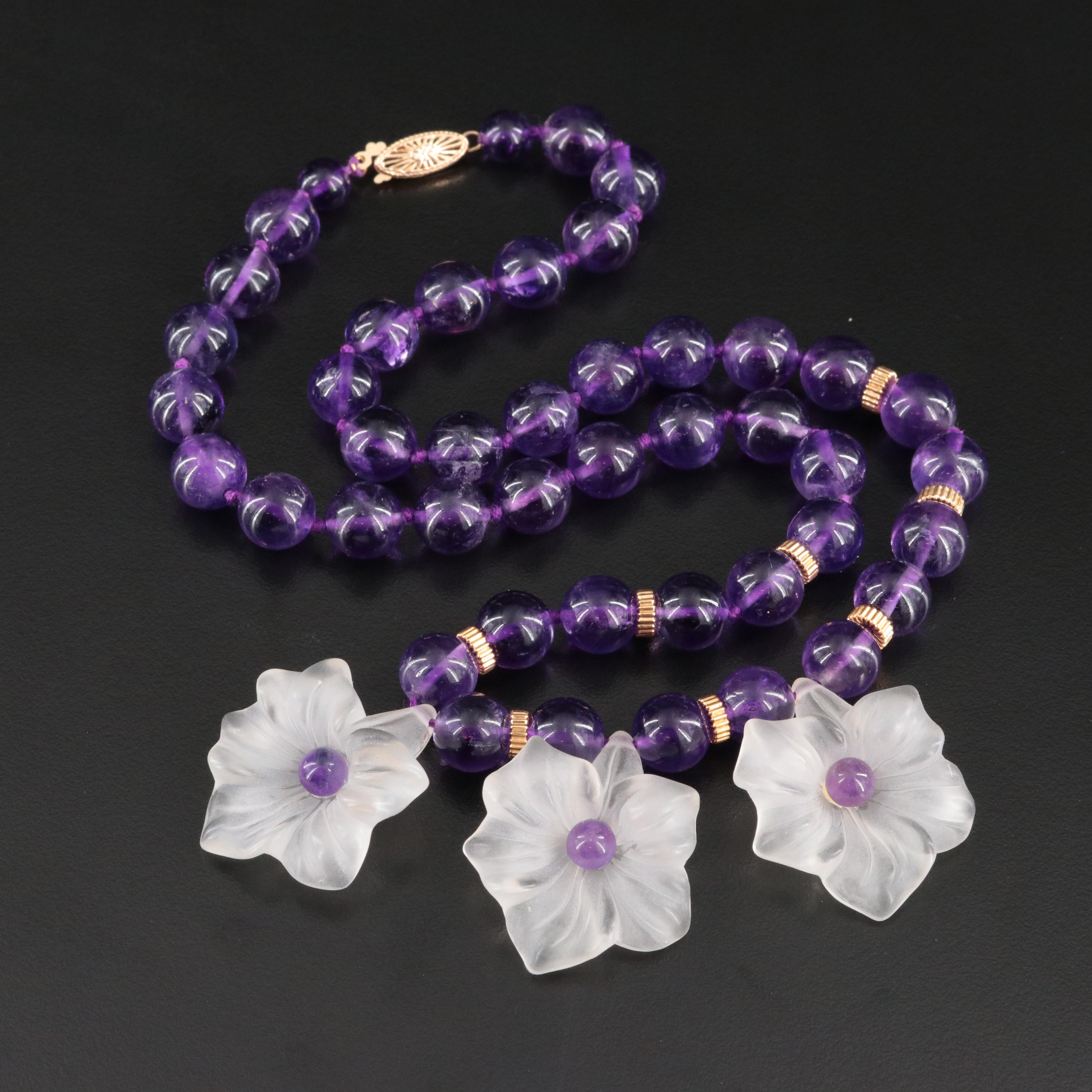 Amethyst and Glass Flower Bib Necklace with 14K Clasp
