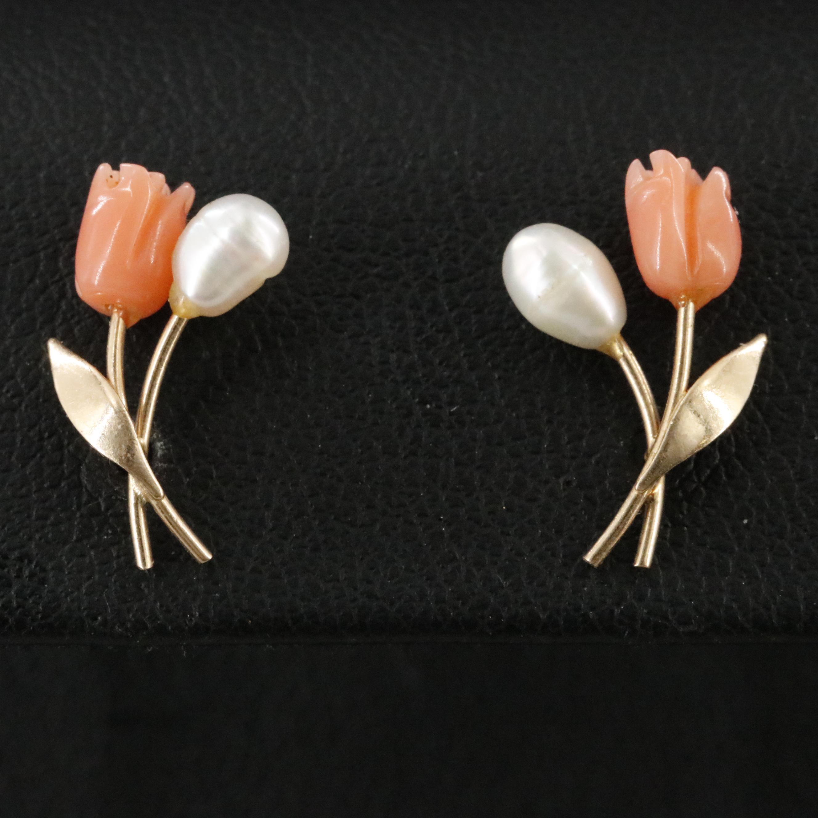 14K Carved Coral and Pearl Earrings