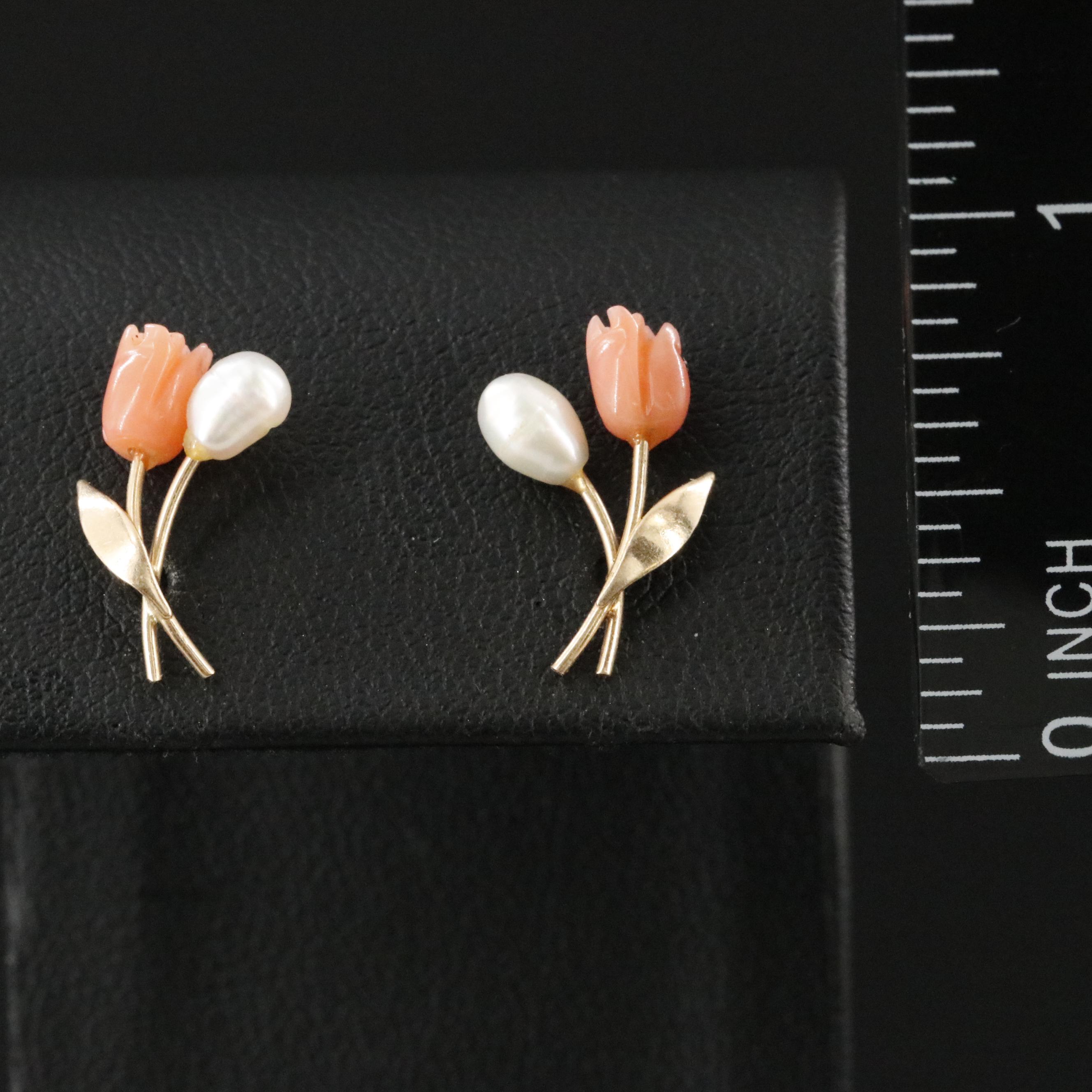 14K Carved Coral and Pearl Earrings