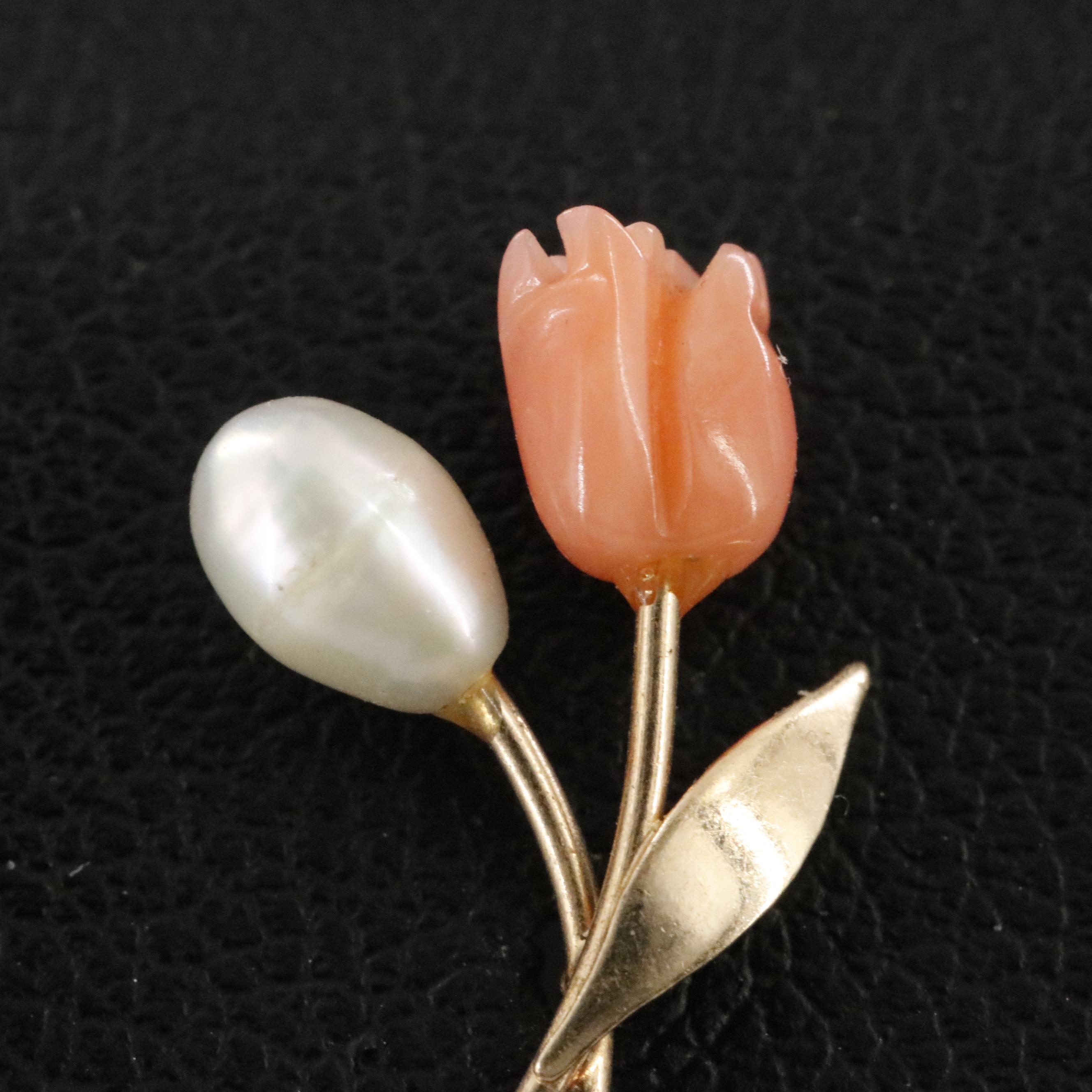 14K Carved Coral and Pearl Earrings