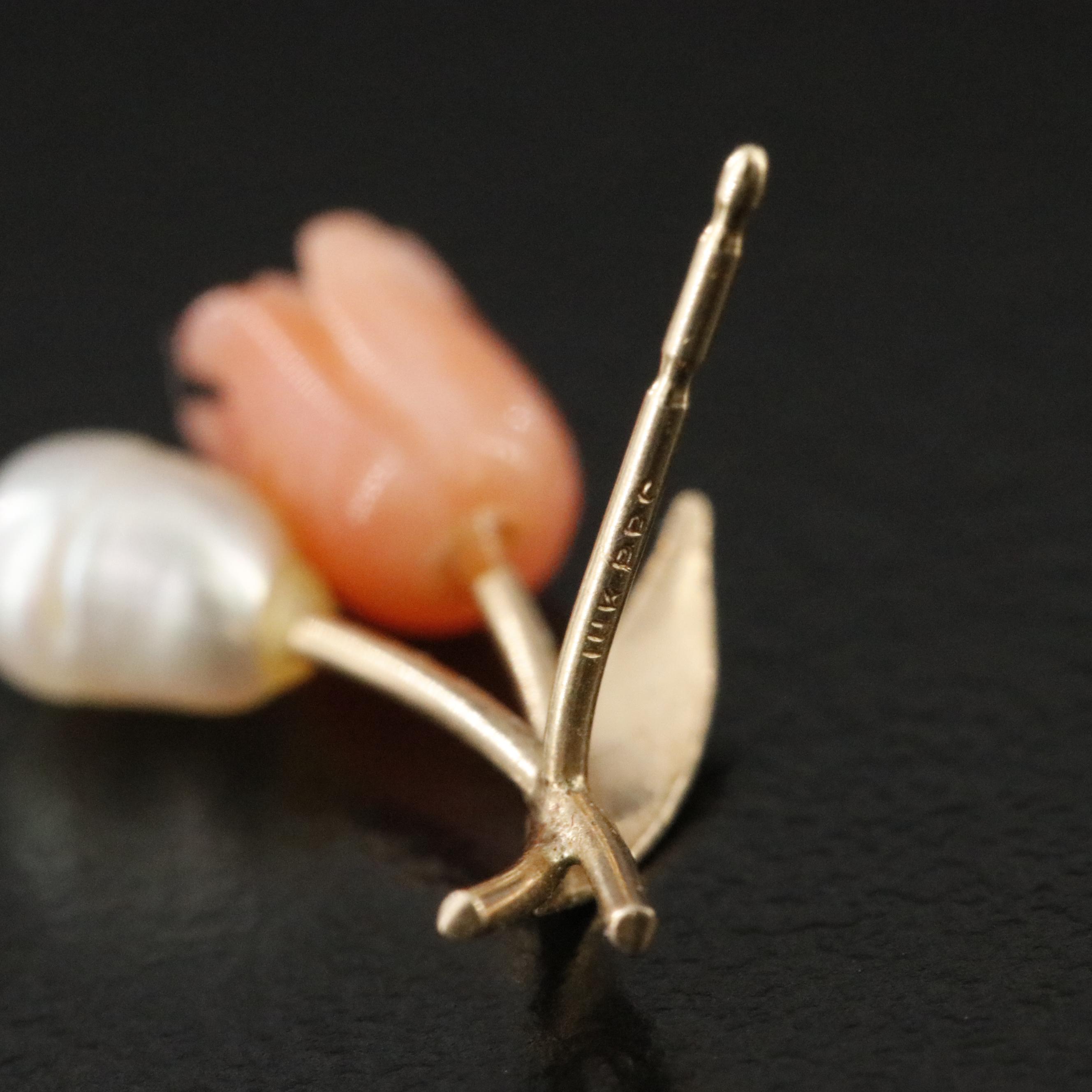 14K Carved Coral and Pearl Earrings