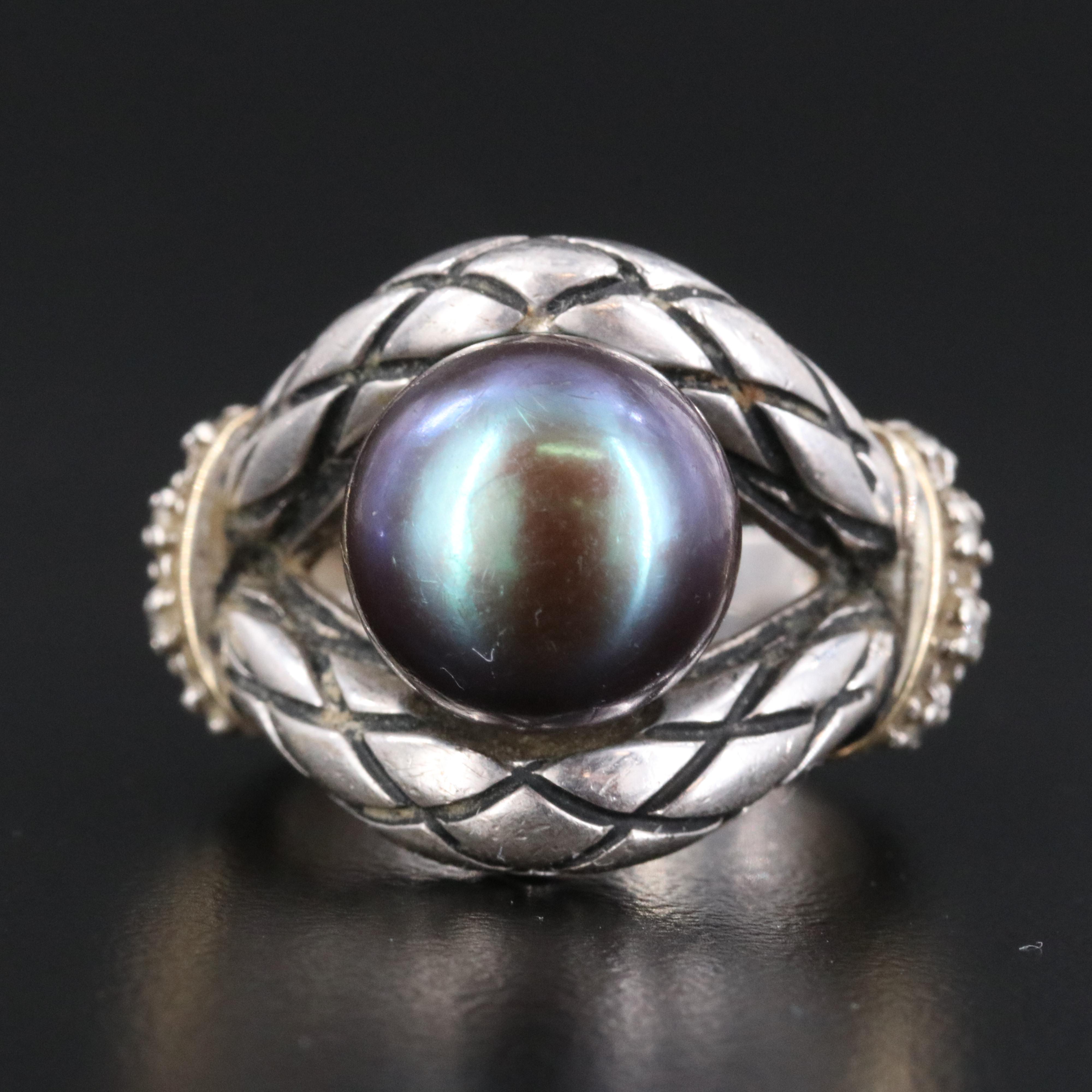 Sterling Pearl and Diamond Ring with 14K Accent