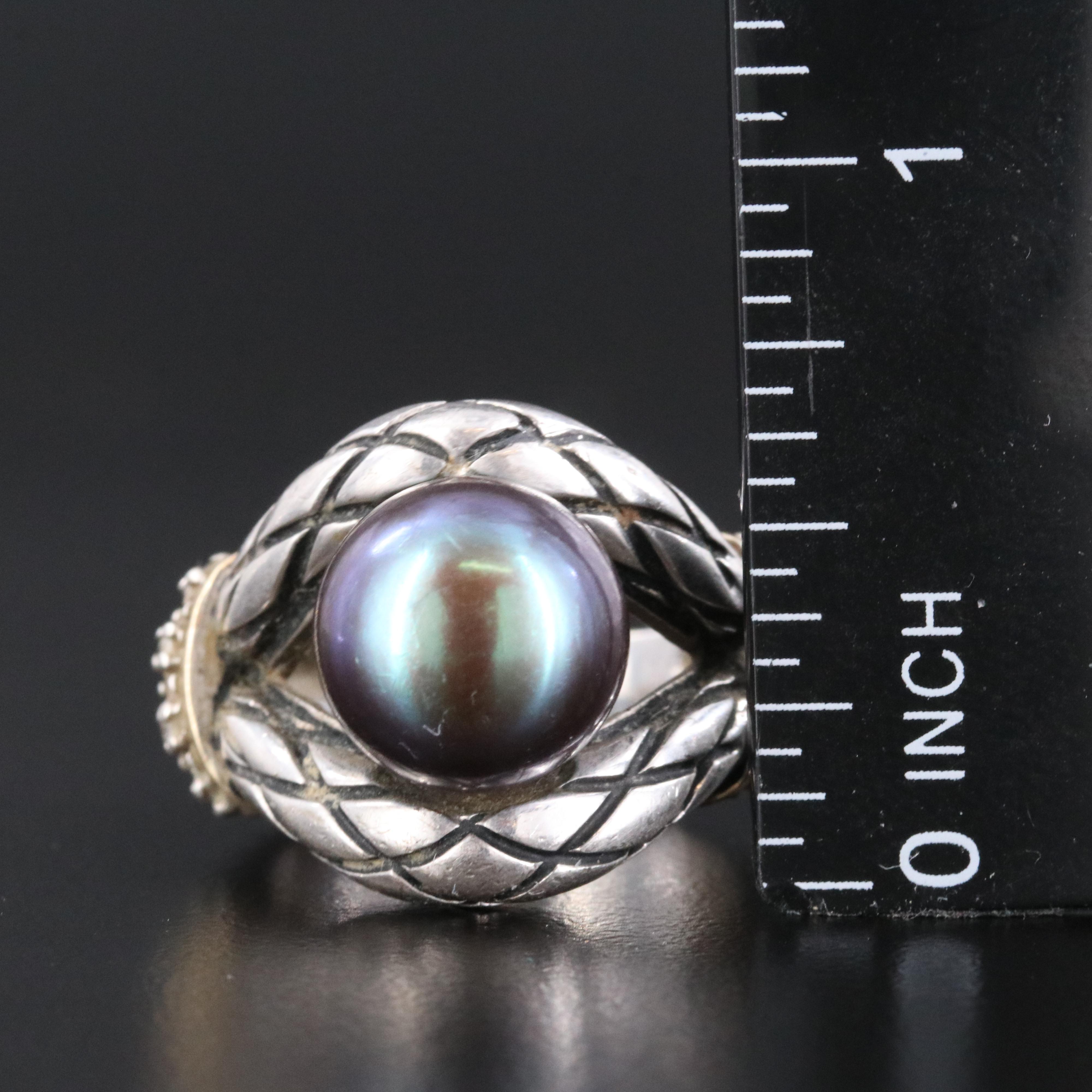 Sterling Pearl and Diamond Ring with 14K Accent