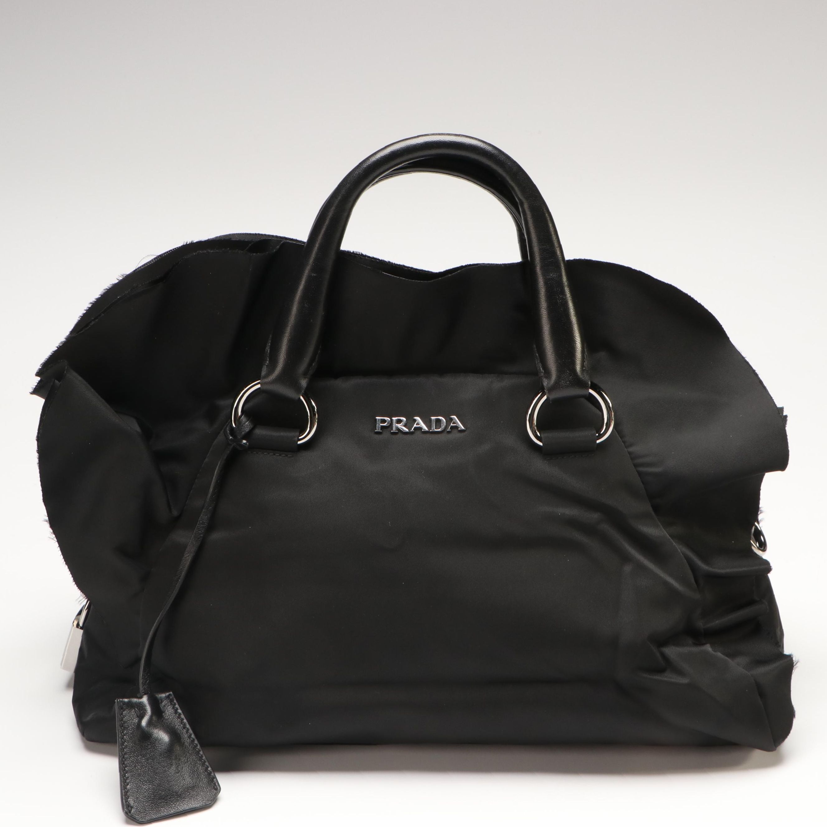 Prada Rovere Mordore Tessuto Bauletto Black Nylon Ruffle Handbag