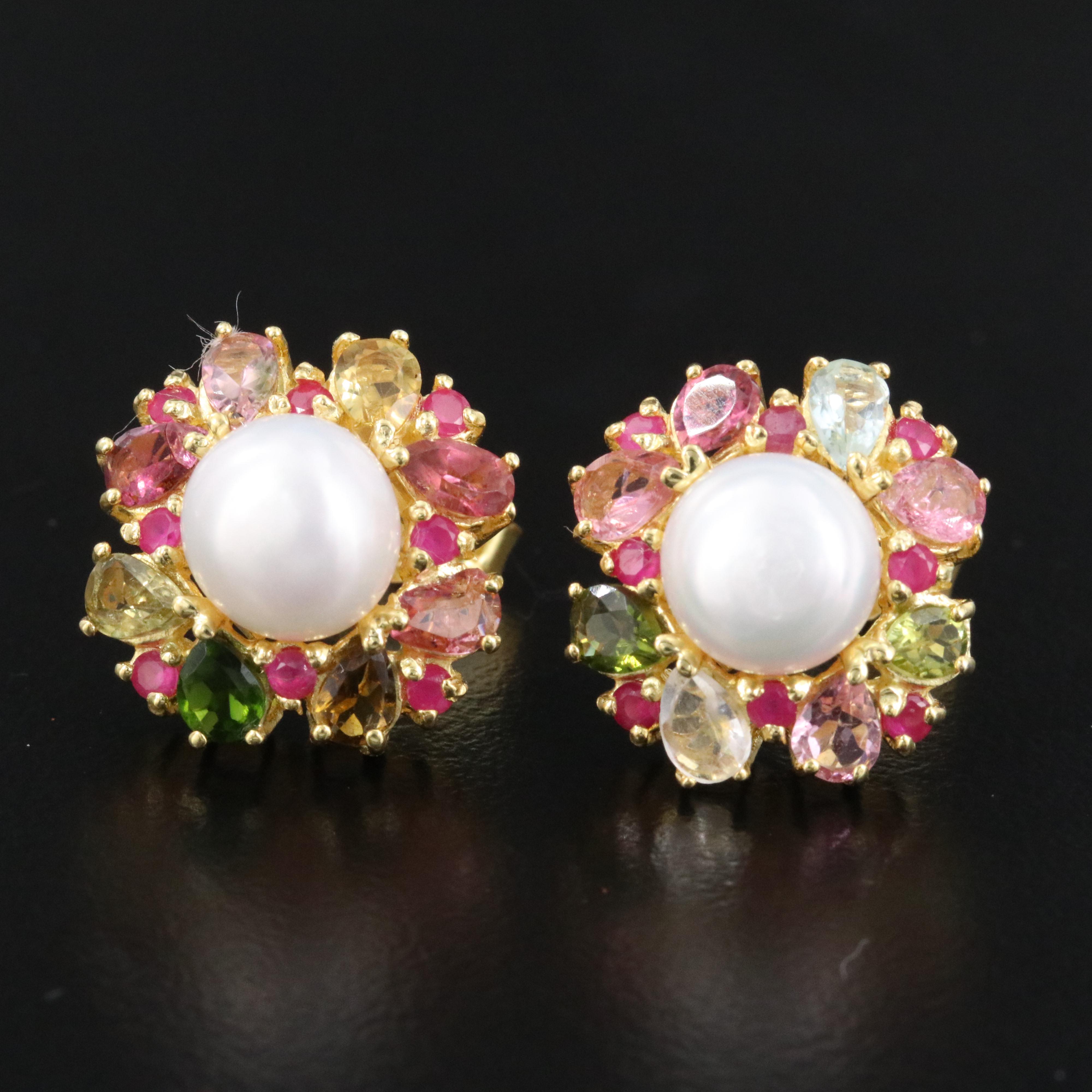 Sterling Pearl, Ruby and Tourmaline Earrings
