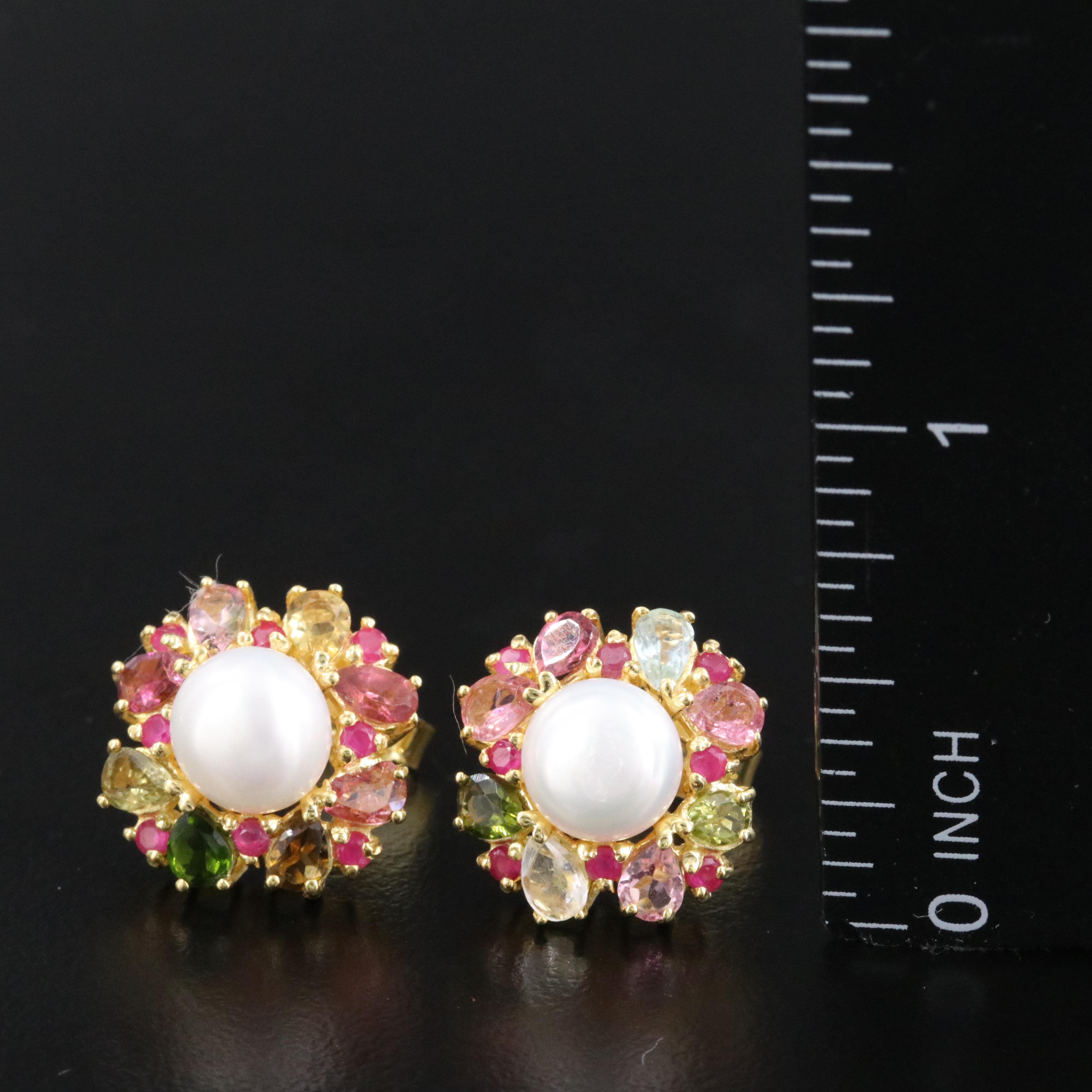 Sterling Pearl, Ruby and Tourmaline Earrings