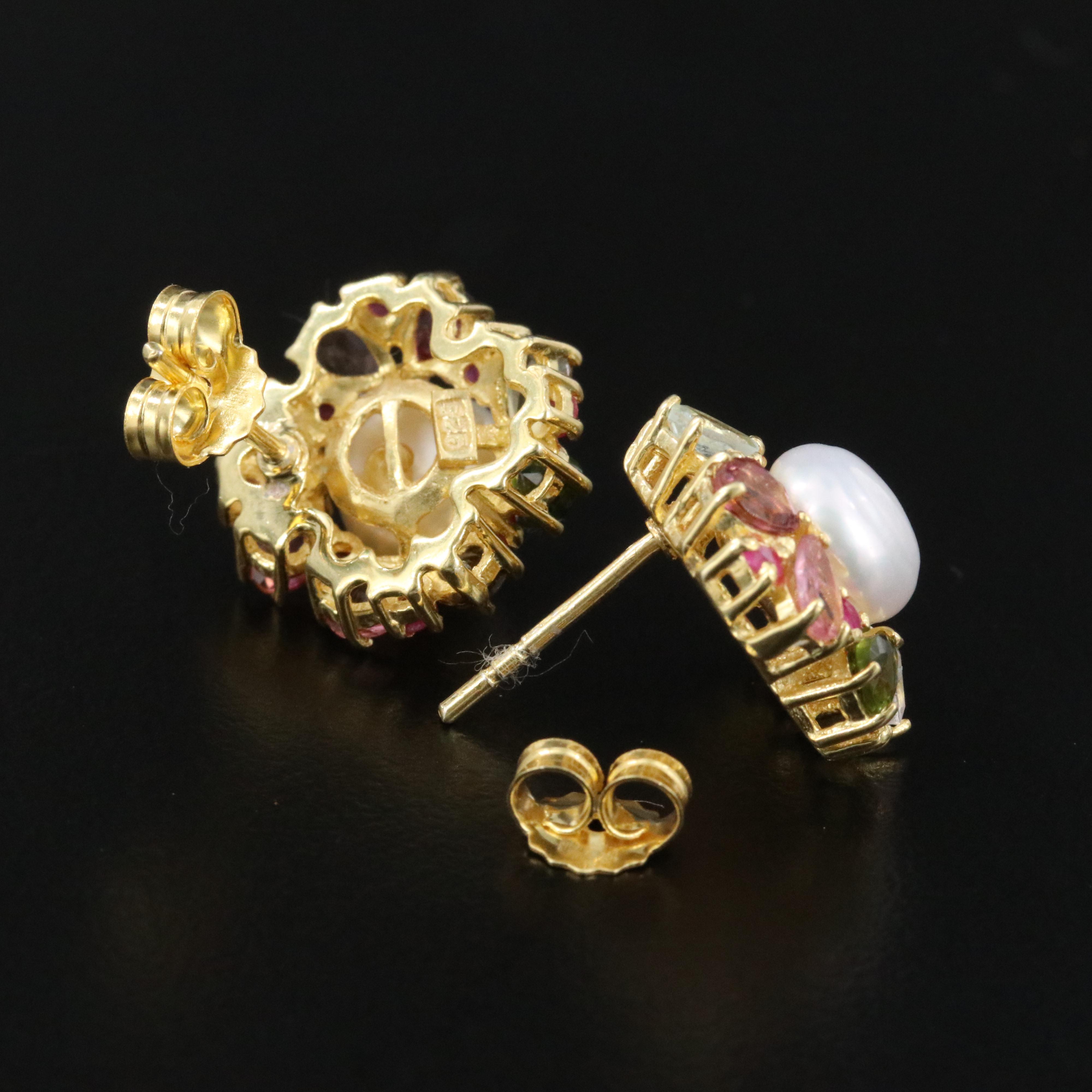 Sterling Pearl, Ruby and Tourmaline Earrings