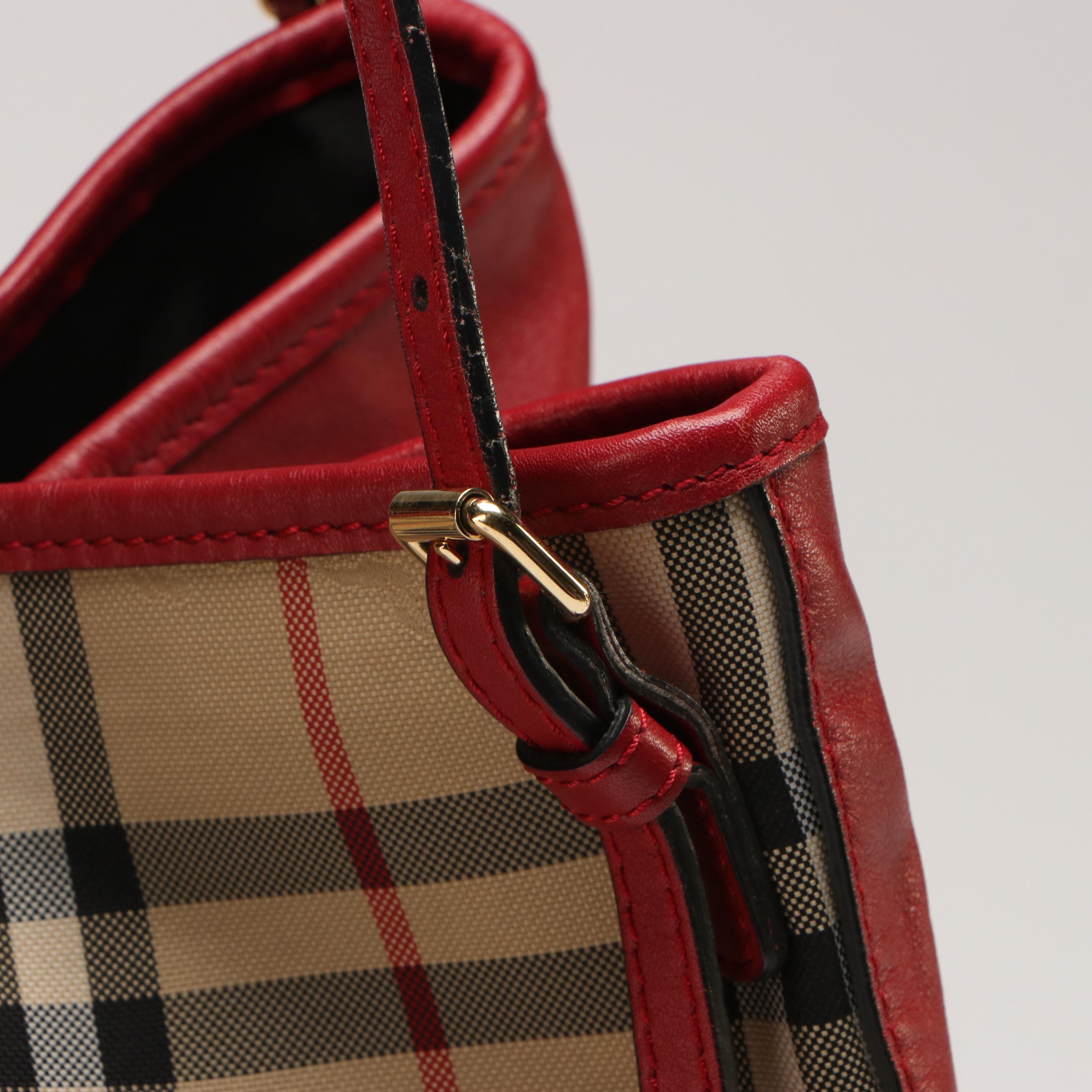 Burberry Horseferry Coated Canvas and Red Leather Totebag