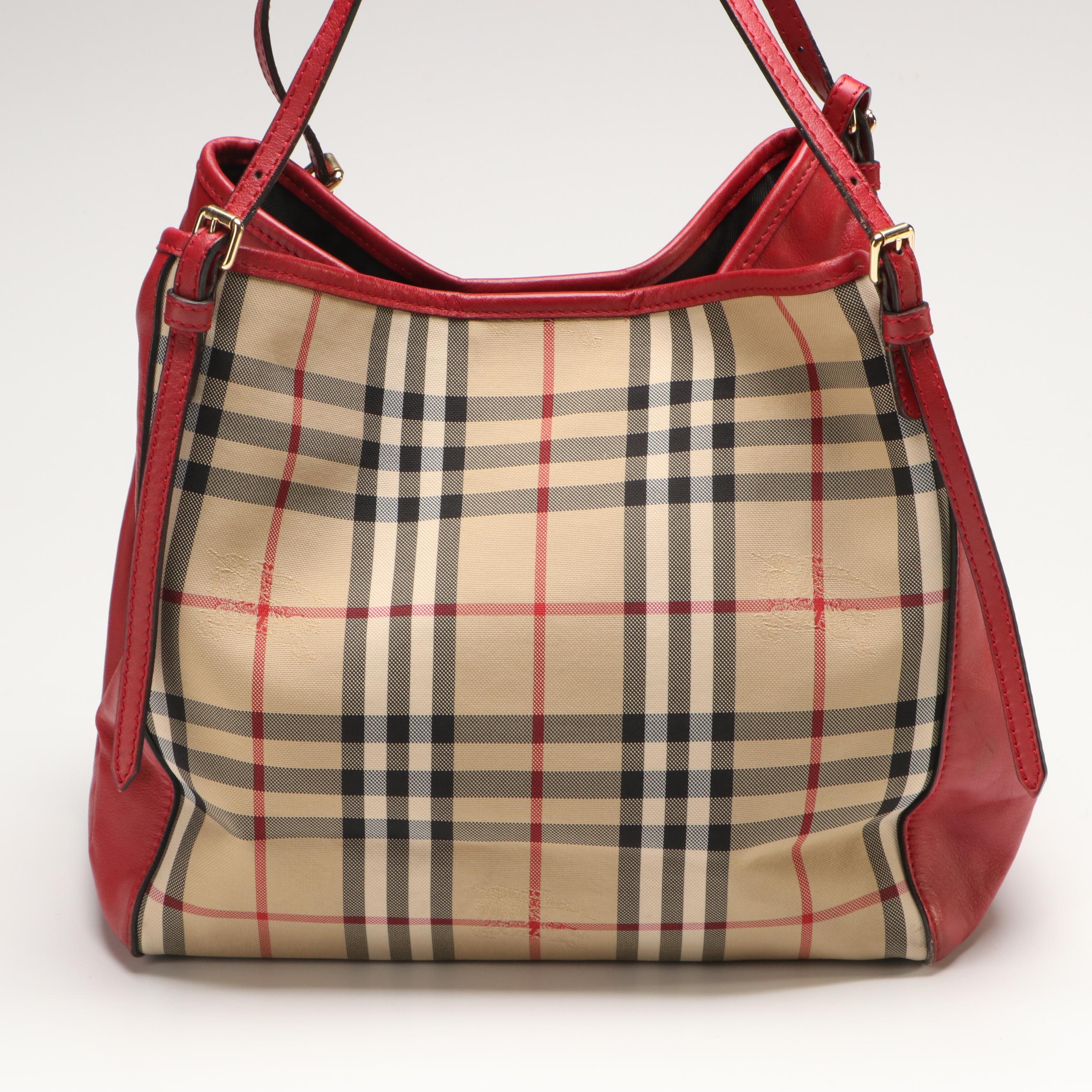 Burberry Horseferry Coated Canvas and Red Leather Totebag