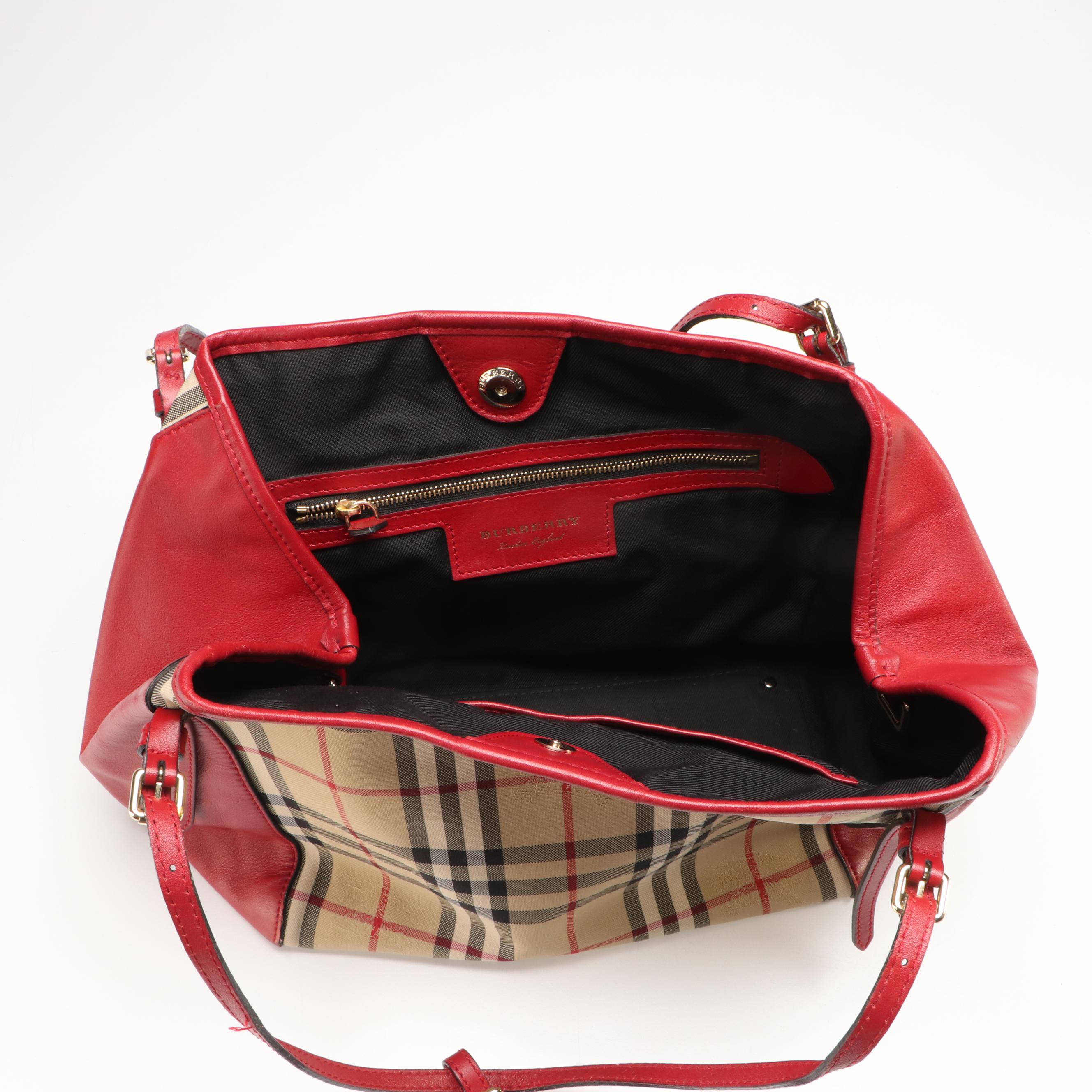 Burberry Horseferry Coated Canvas and Red Leather Totebag