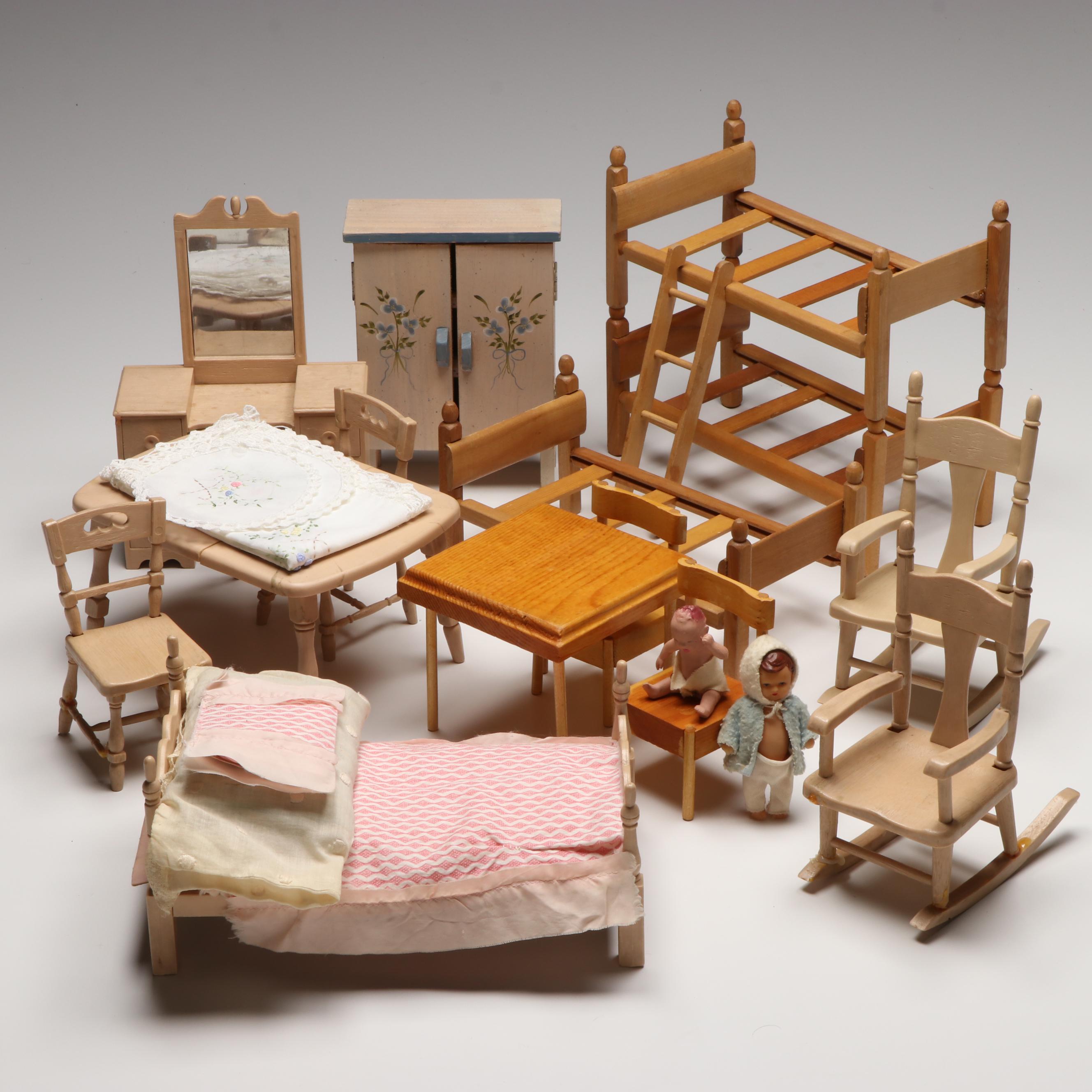 Strombecker Wooden Bunk Bed with Baby Dolls and More Vintage Doll Furniture