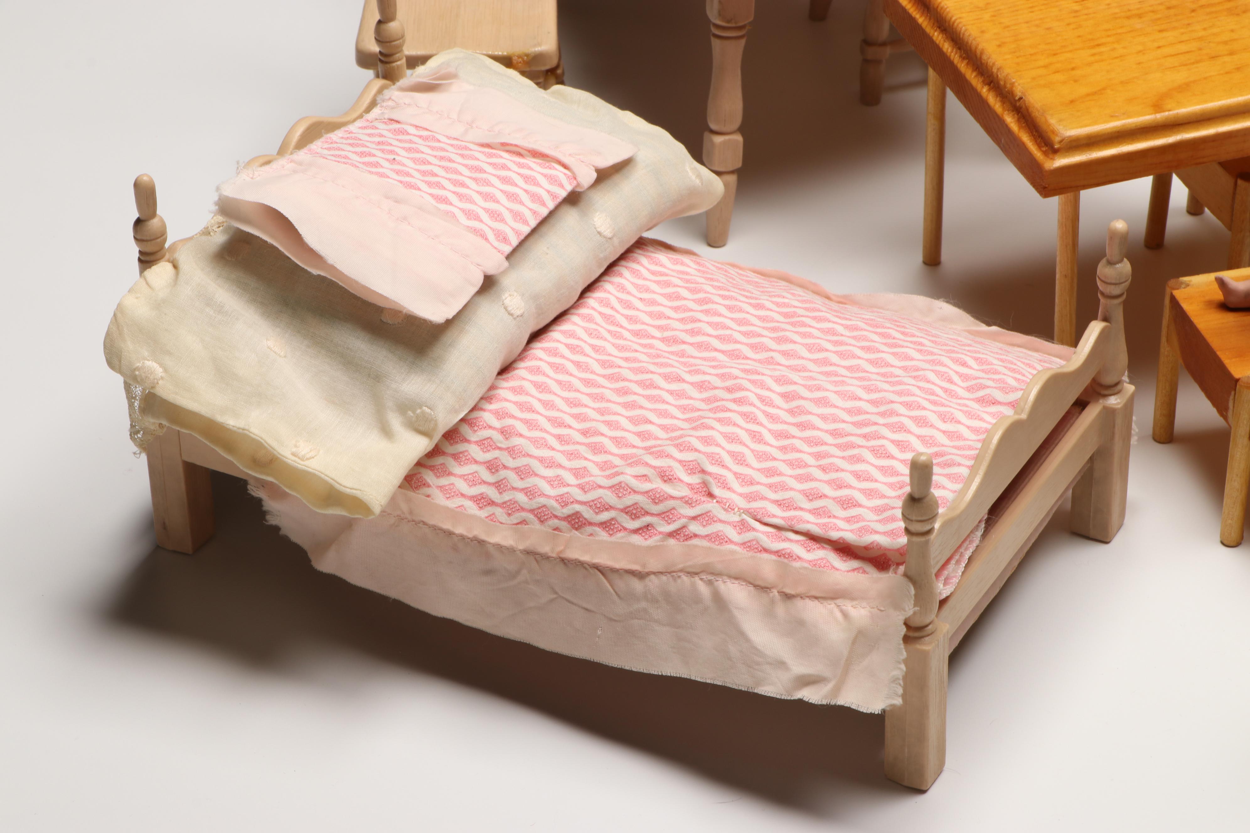 Strombecker Wooden Bunk Bed with Baby Dolls and More Vintage Doll Furniture