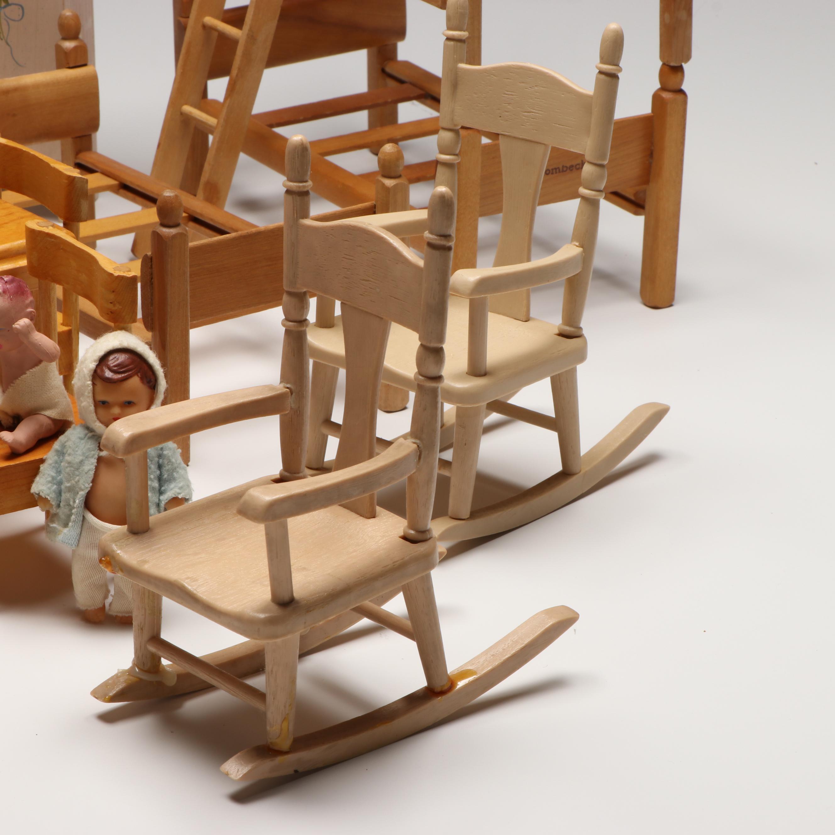 Strombecker Wooden Bunk Bed with Baby Dolls and More Vintage Doll Furniture