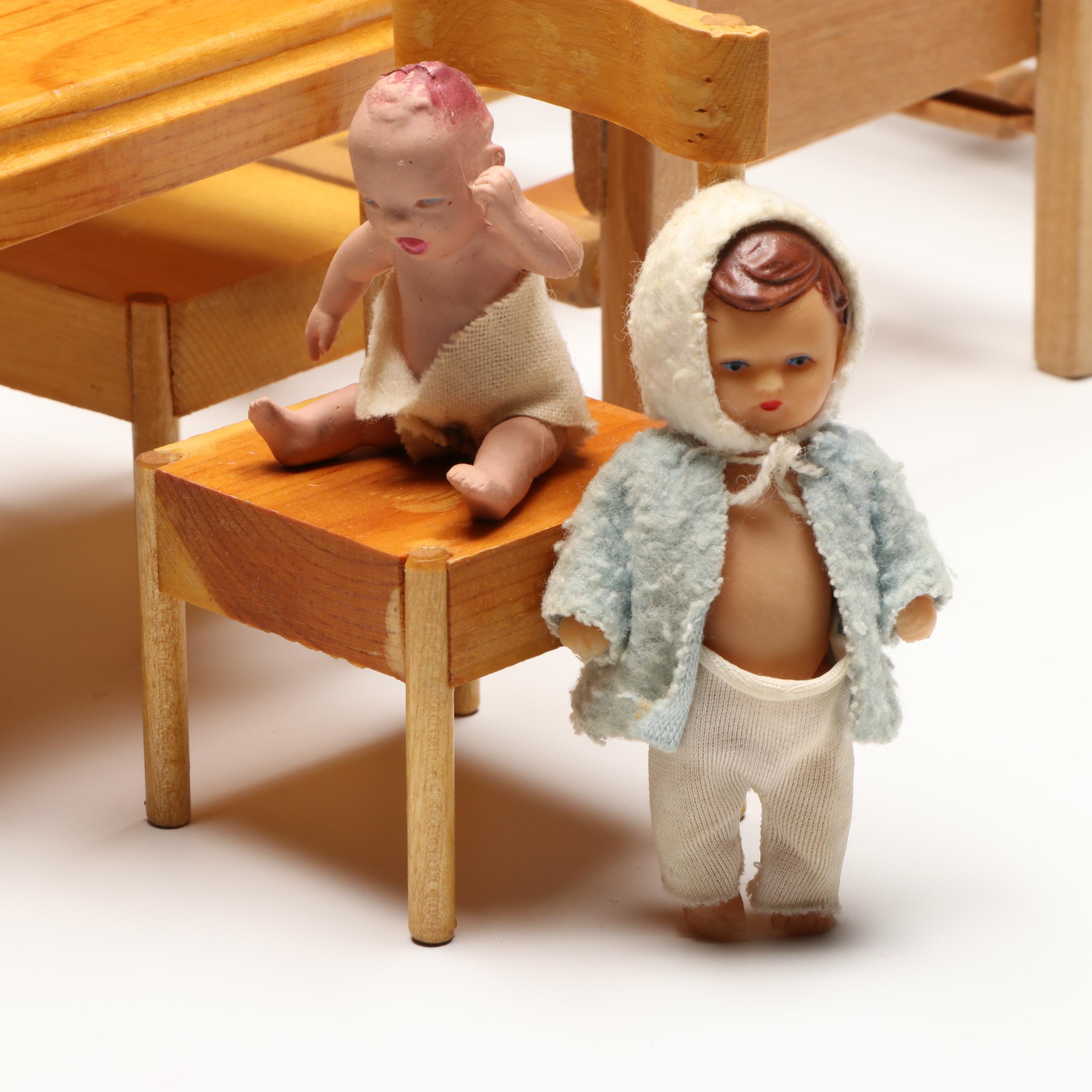 Strombecker Wooden Bunk Bed with Baby Dolls and More Vintage Doll Furniture