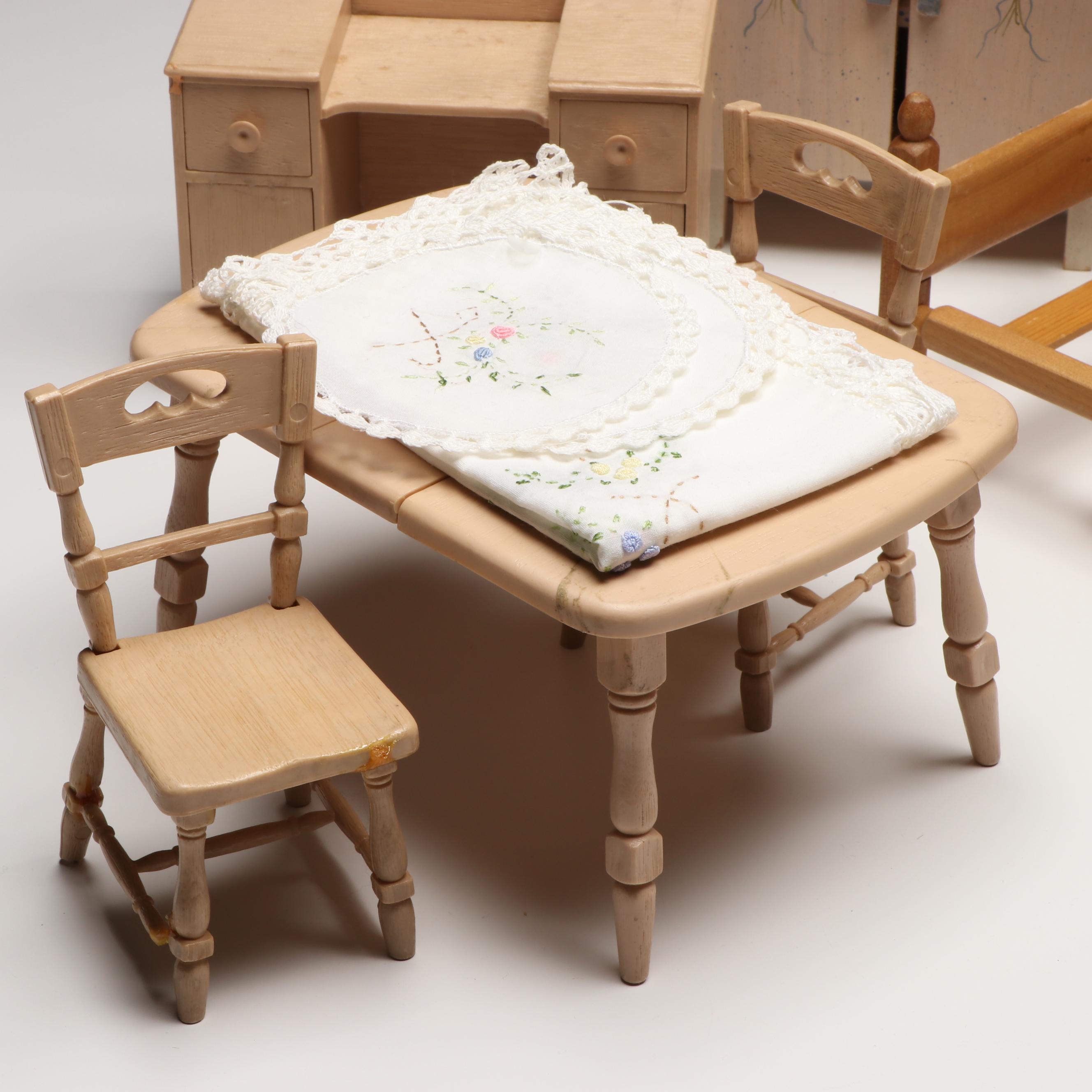 Strombecker Wooden Bunk Bed with Baby Dolls and More Vintage Doll Furniture