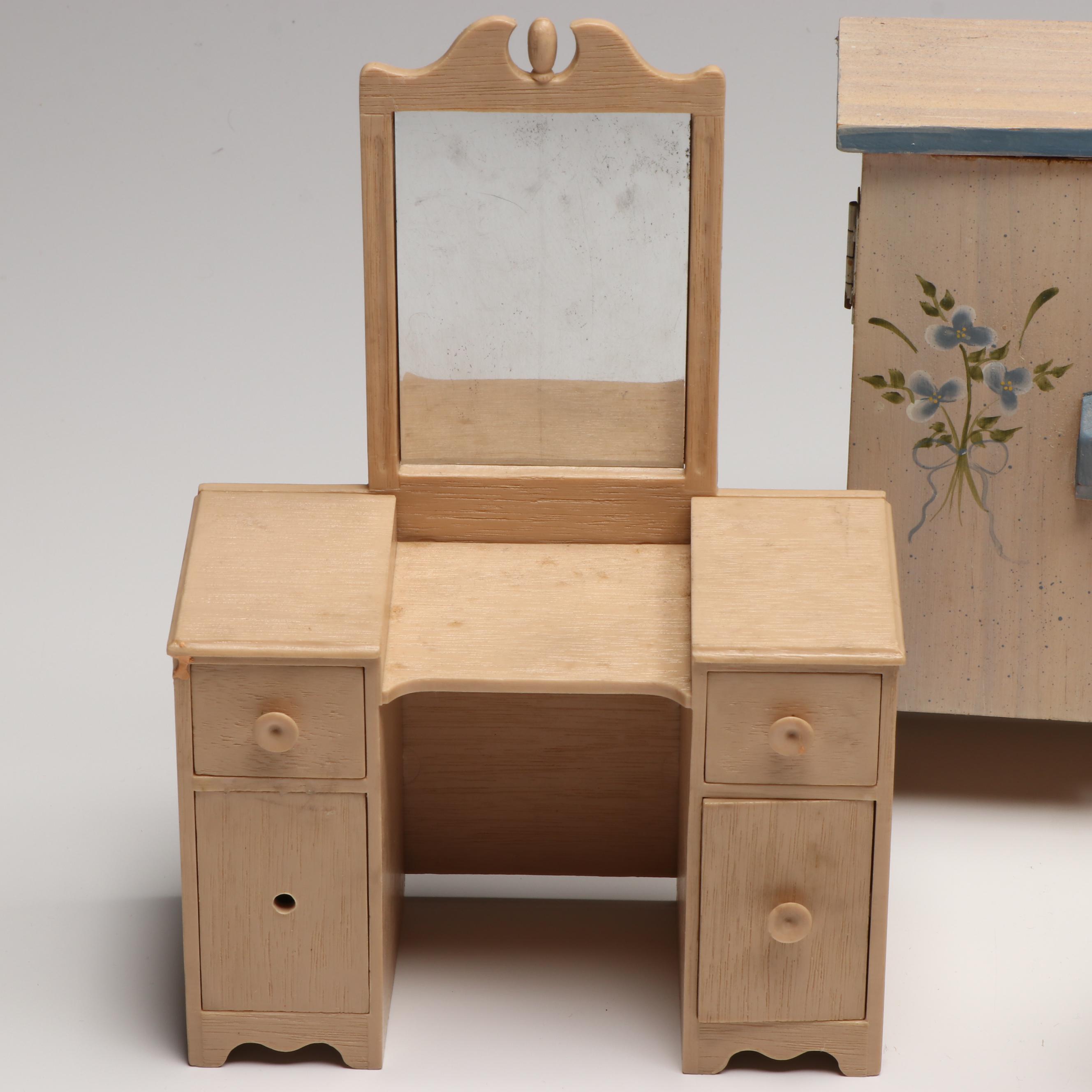 Strombecker Wooden Bunk Bed with Baby Dolls and More Vintage Doll Furniture