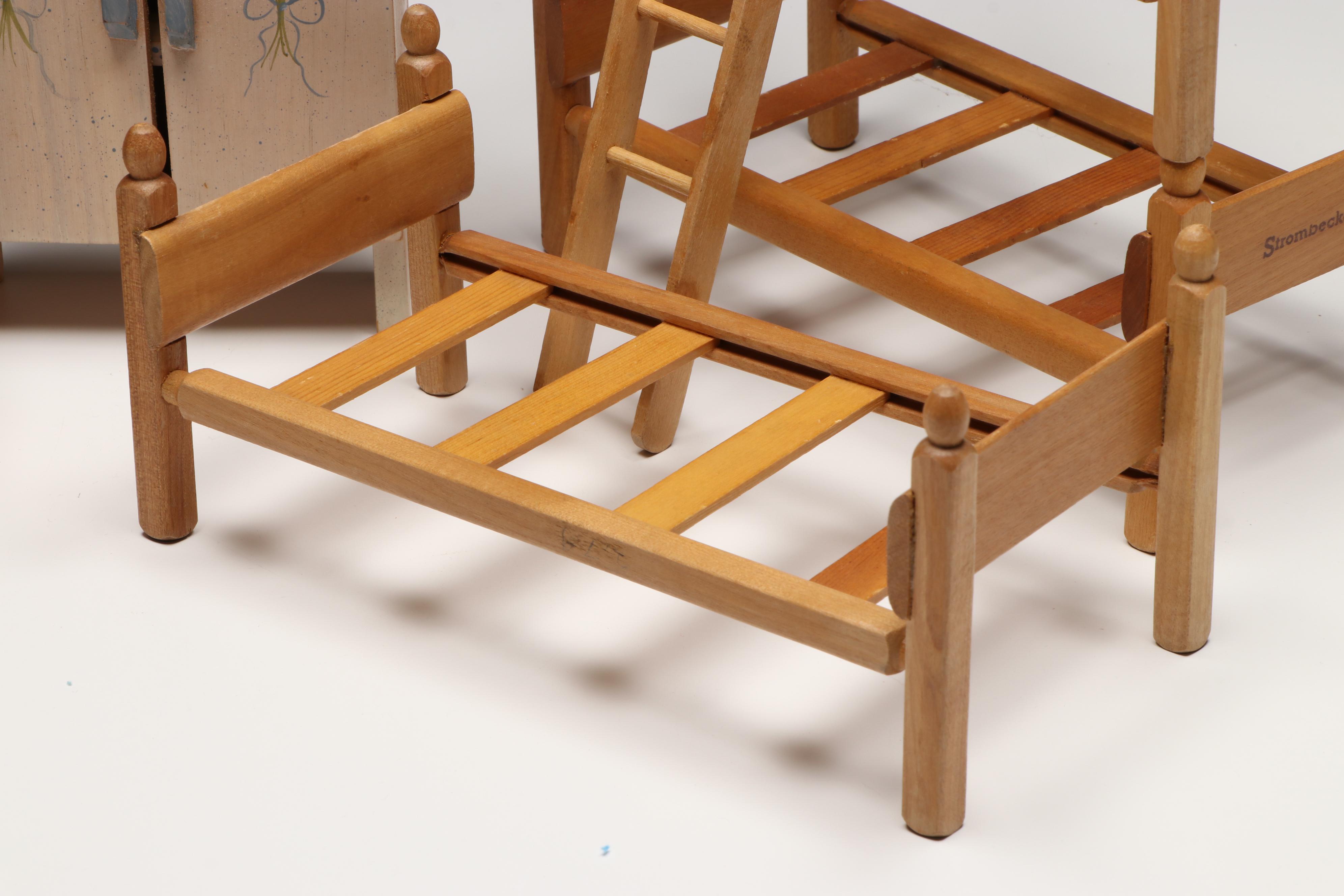 Strombecker Wooden Bunk Bed with Baby Dolls and More Vintage Doll Furniture