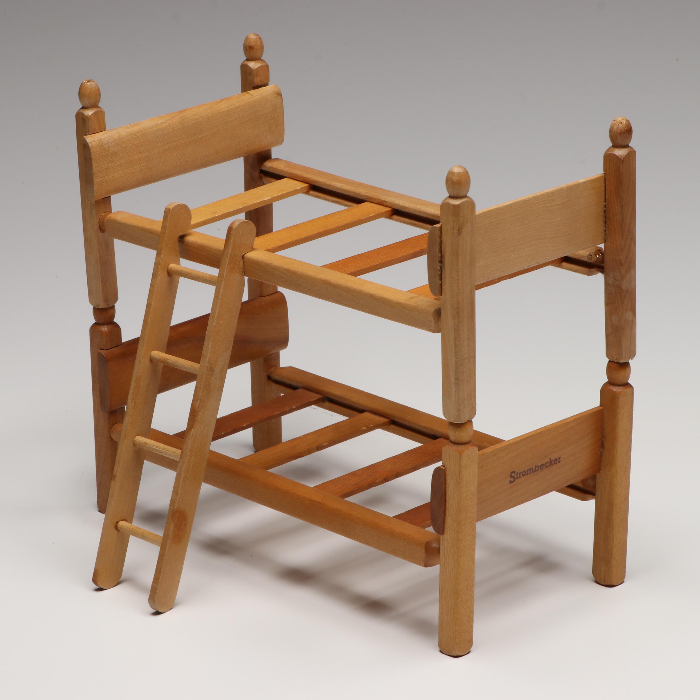Strombecker Wooden Bunk Bed with Baby Dolls and More Vintage Doll Furniture