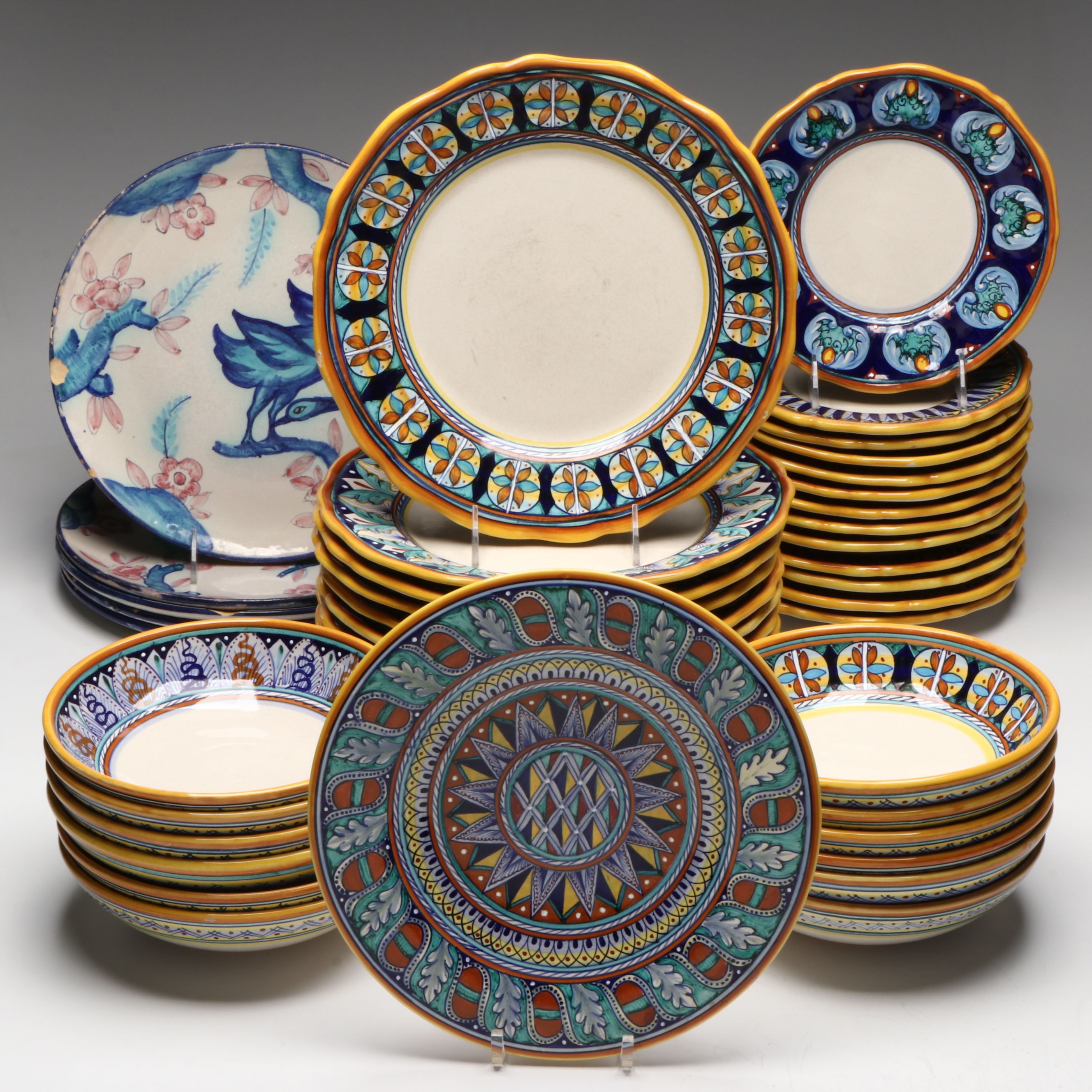 Italian Hand-Painted Majolica Dinner and Salad Plates with Bowls