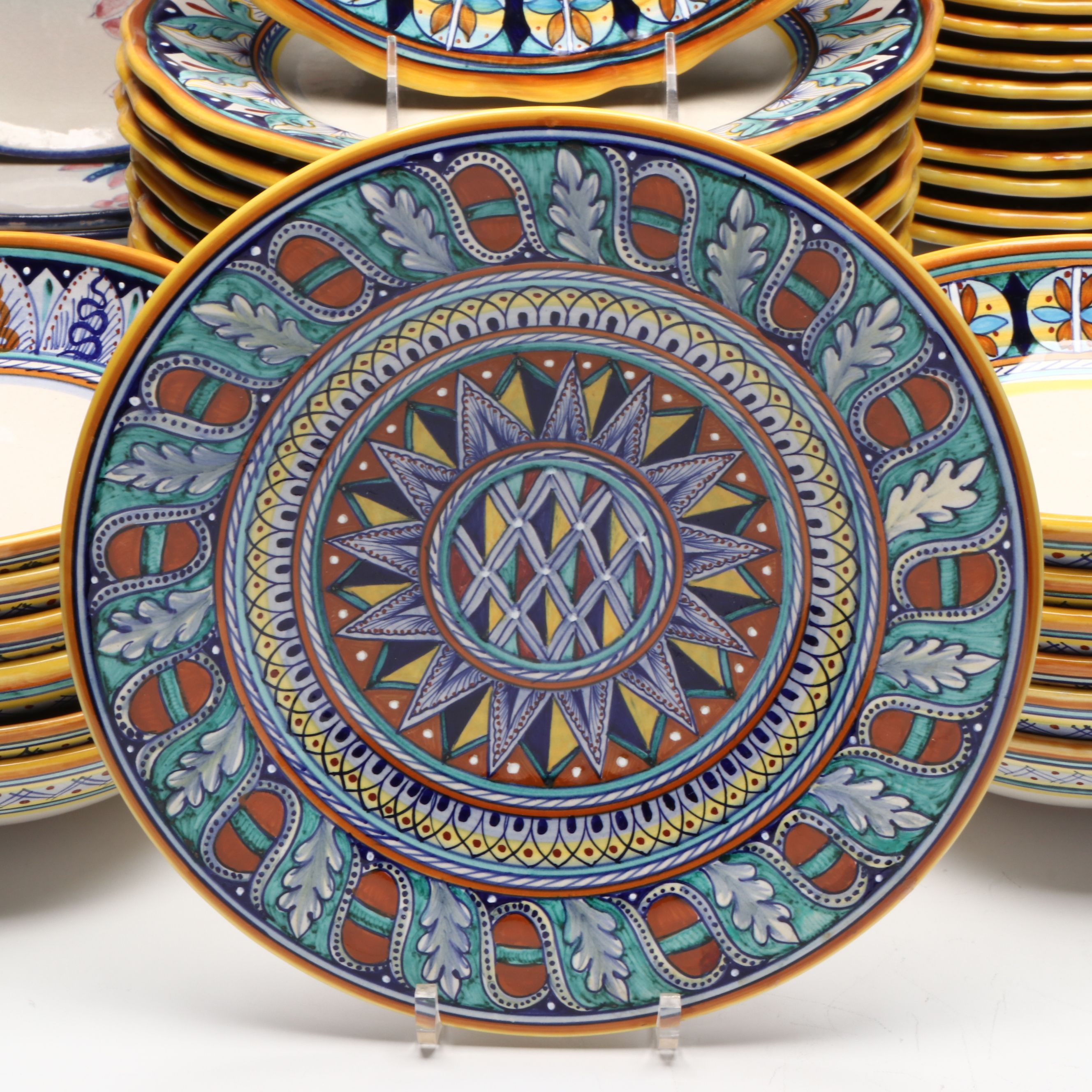 Italian Hand-Painted Majolica Dinner and Salad Plates with Bowls