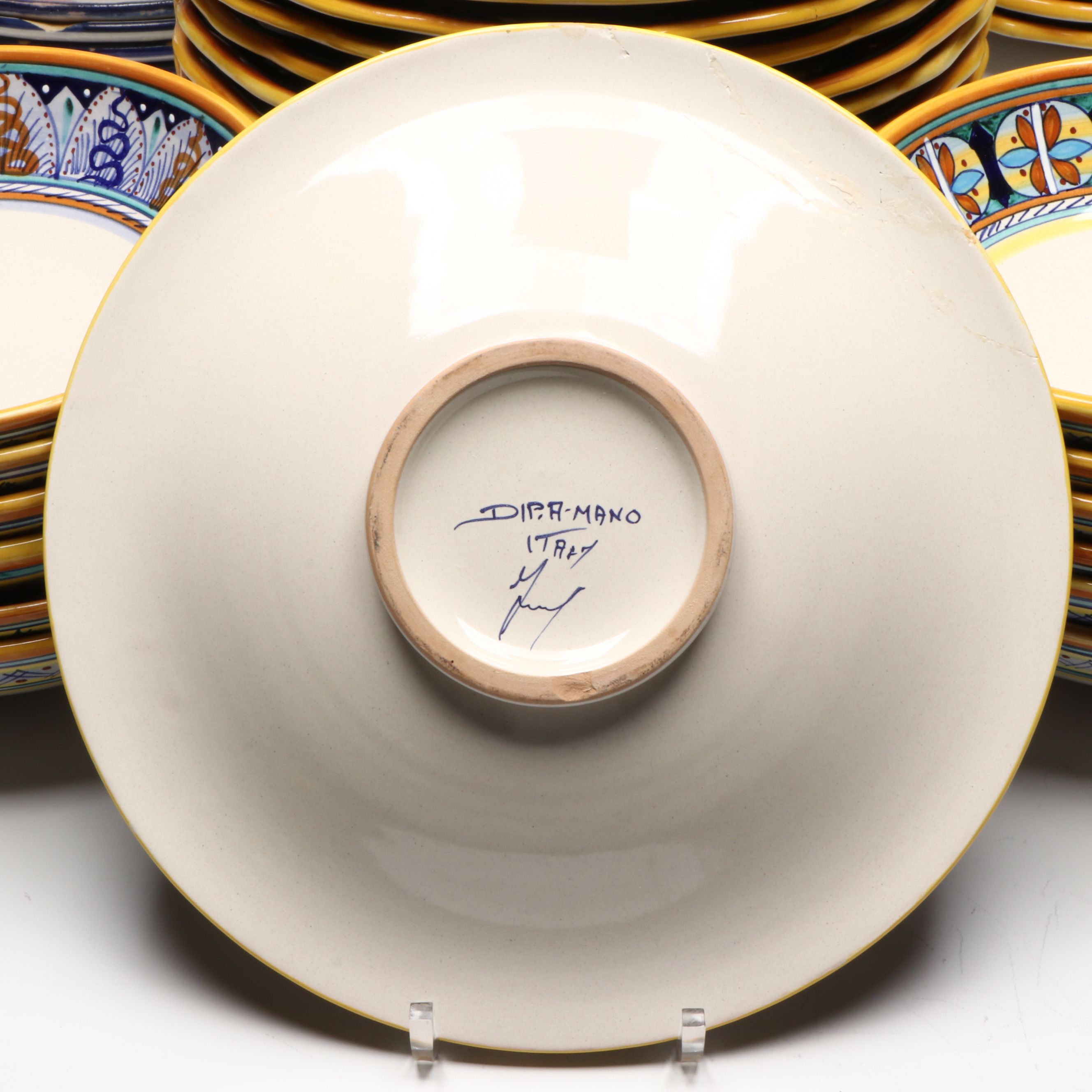 Italian Hand-Painted Majolica Dinner and Salad Plates with Bowls