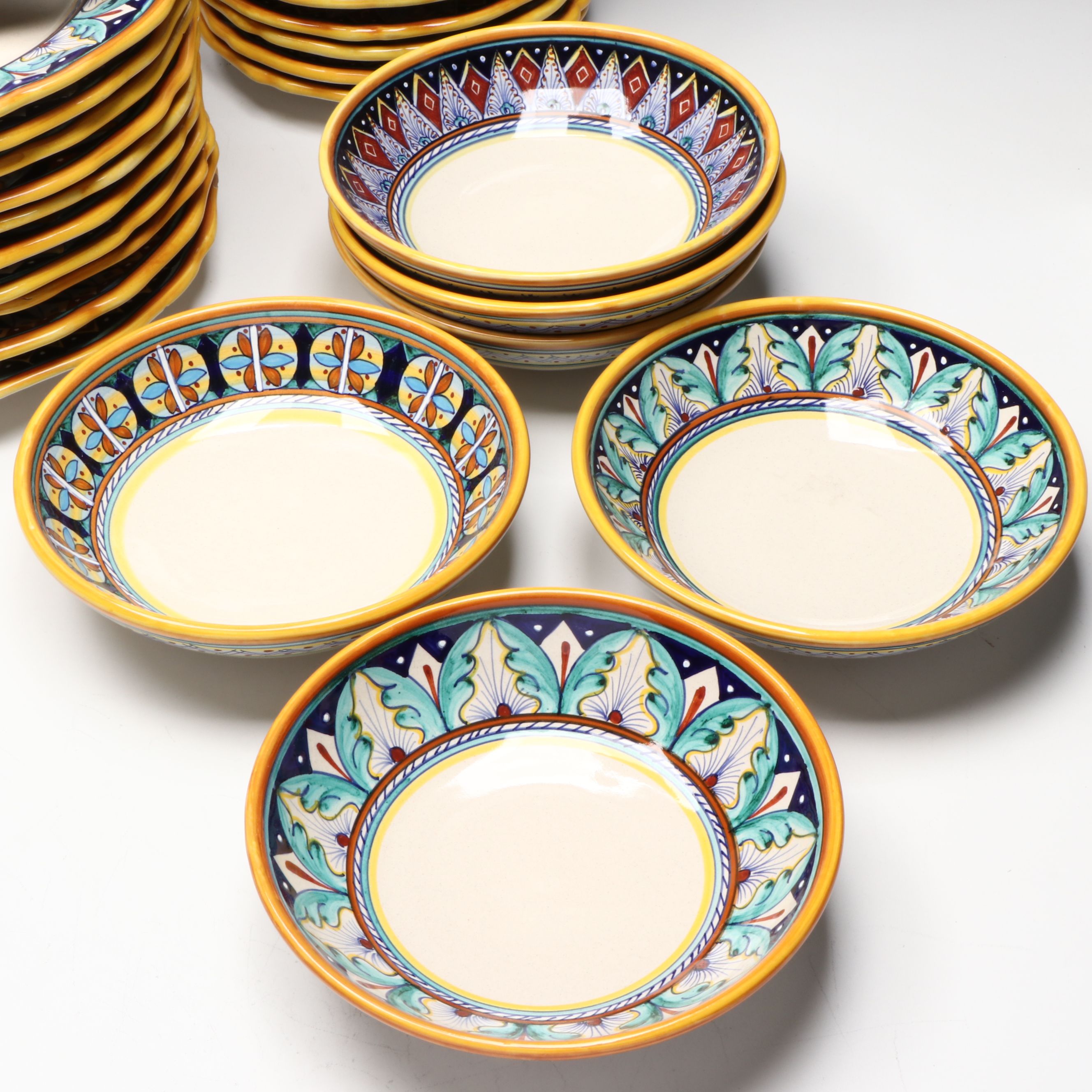 Italian Hand-Painted Majolica Dinner and Salad Plates with Bowls