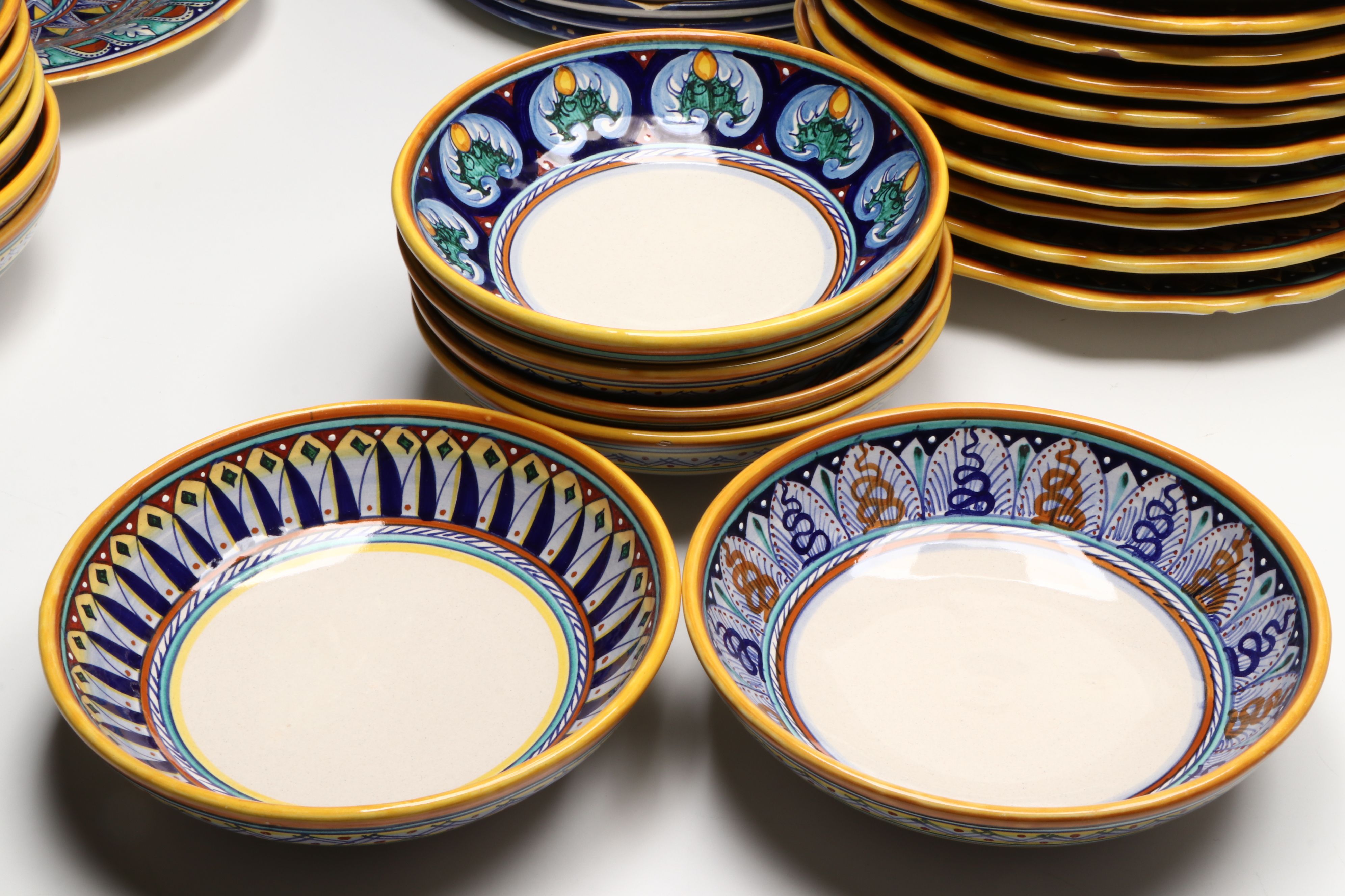 Italian Hand-Painted Majolica Dinner and Salad Plates with Bowls