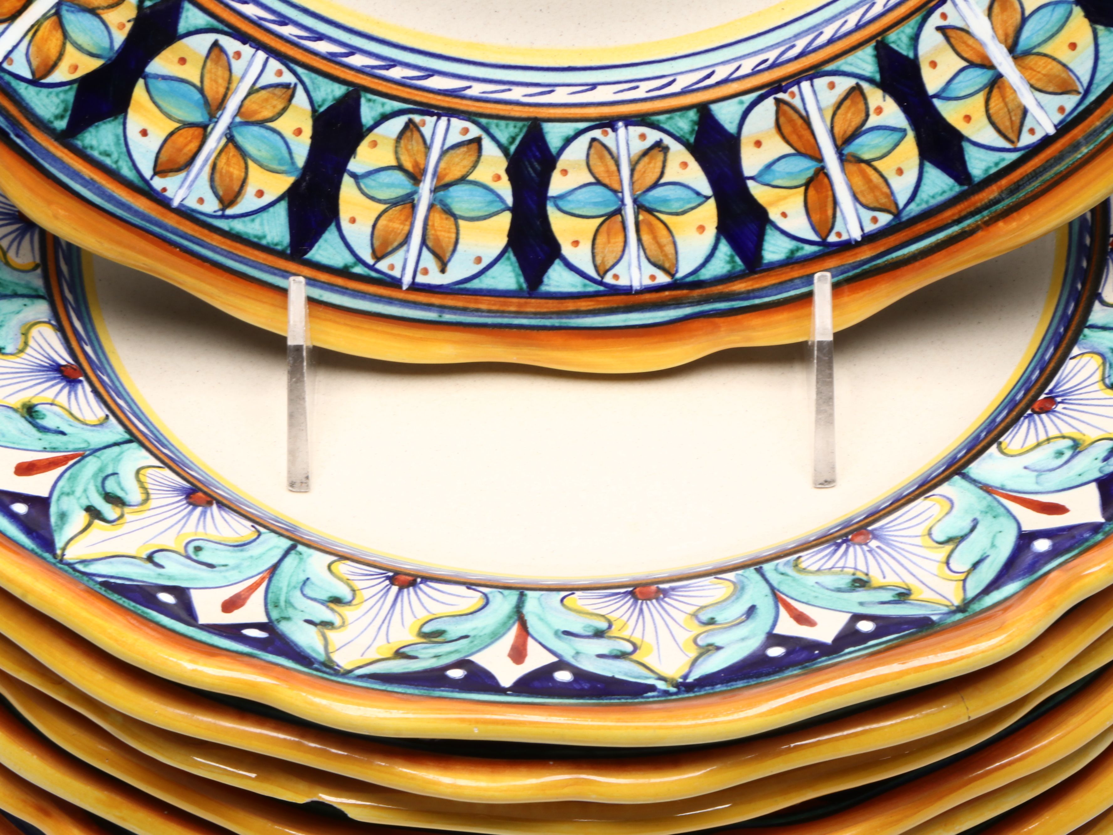 Italian Hand-Painted Majolica Dinner and Salad Plates with Bowls