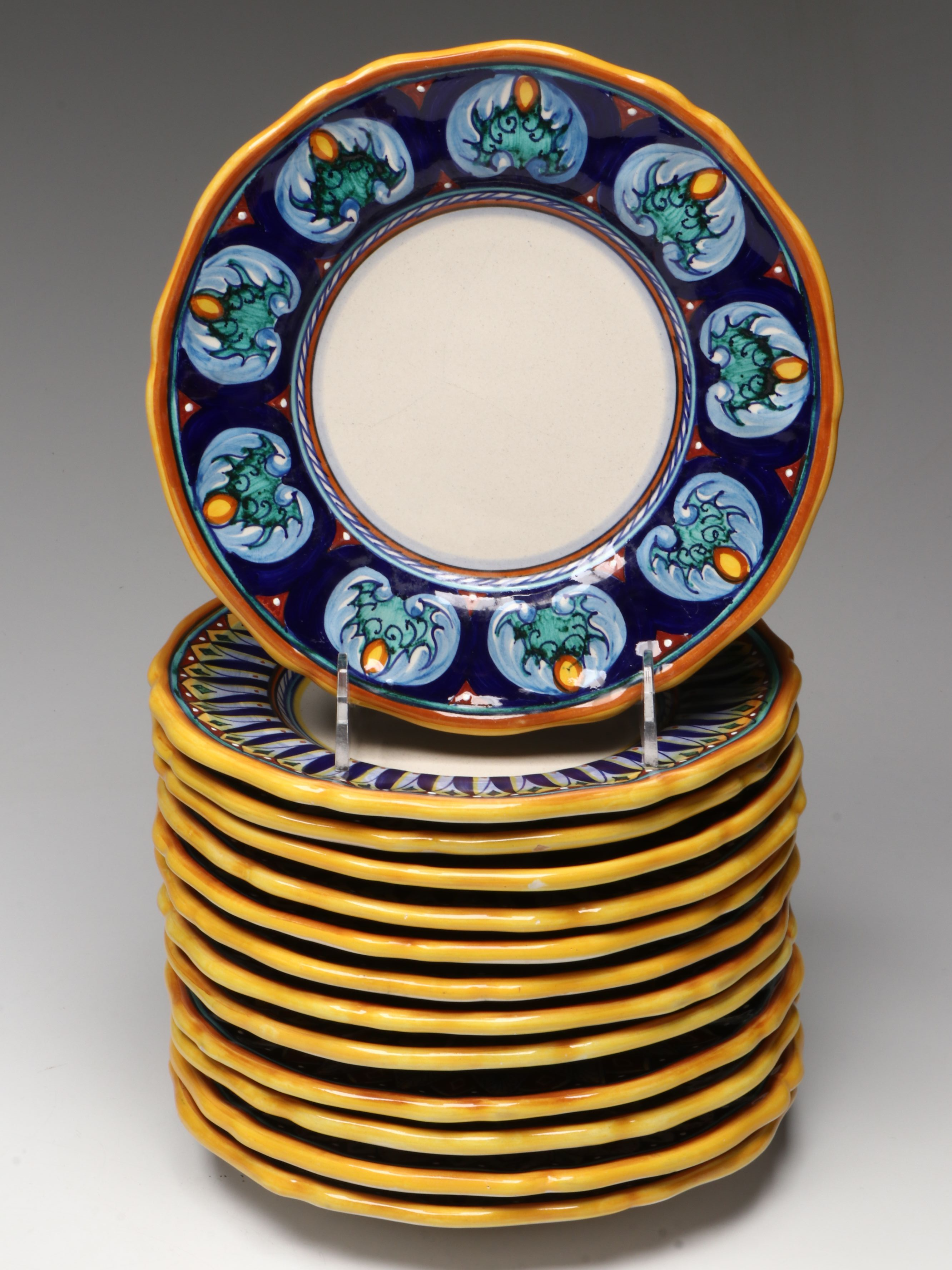 Italian Hand-Painted Majolica Dinner and Salad Plates with Bowls