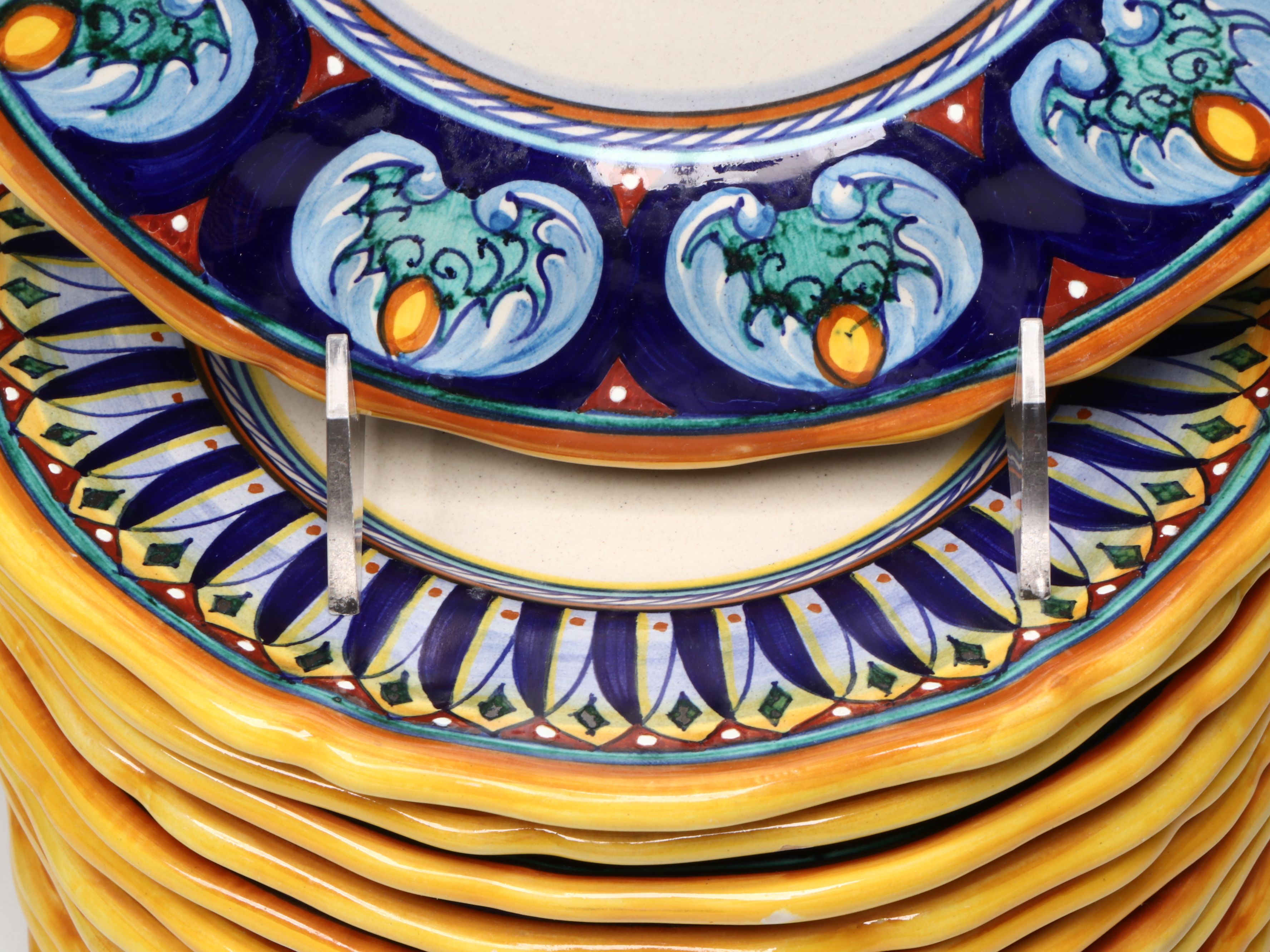 Italian Hand-Painted Majolica Dinner and Salad Plates with Bowls