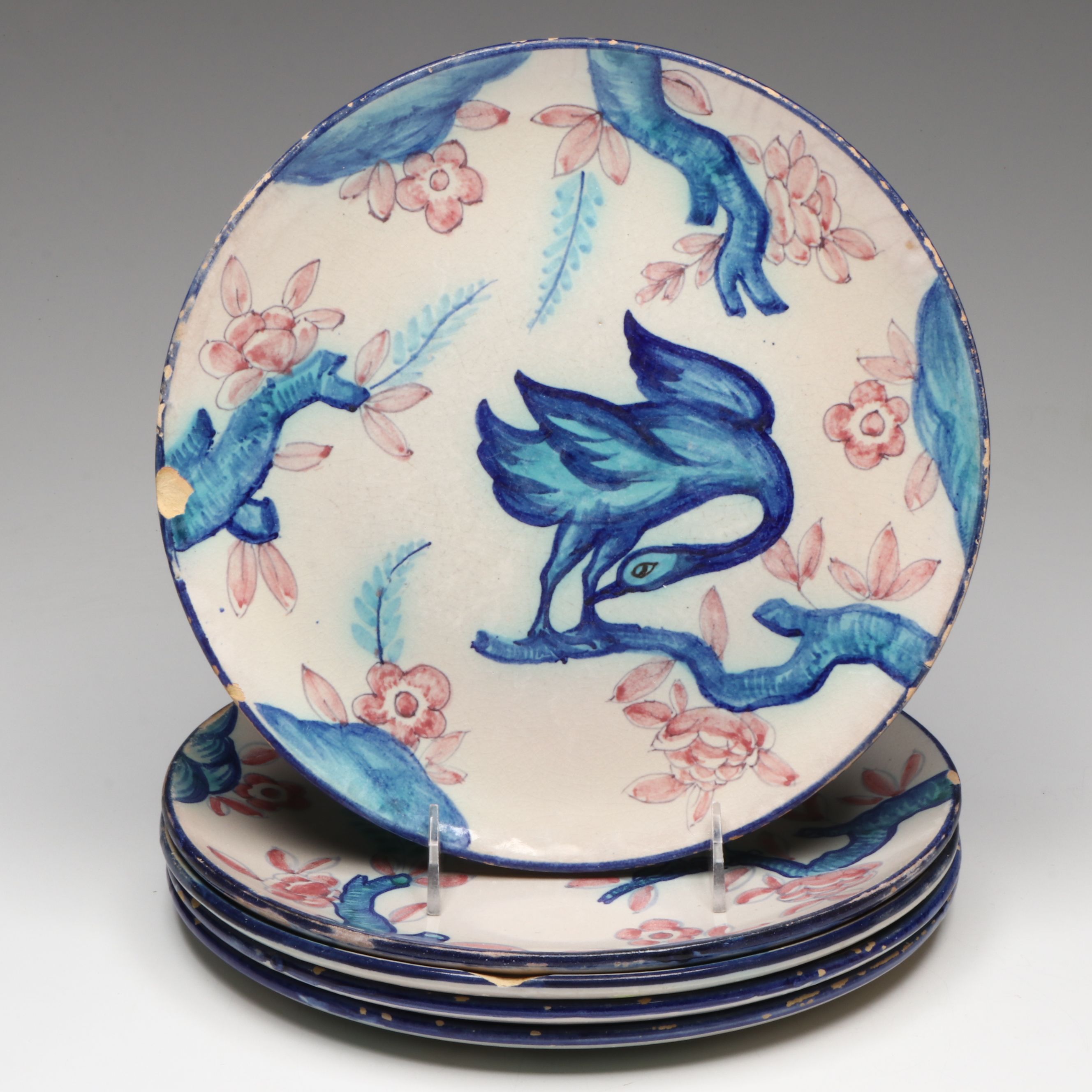 Italian Hand-Painted Majolica Dinner and Salad Plates with Bowls